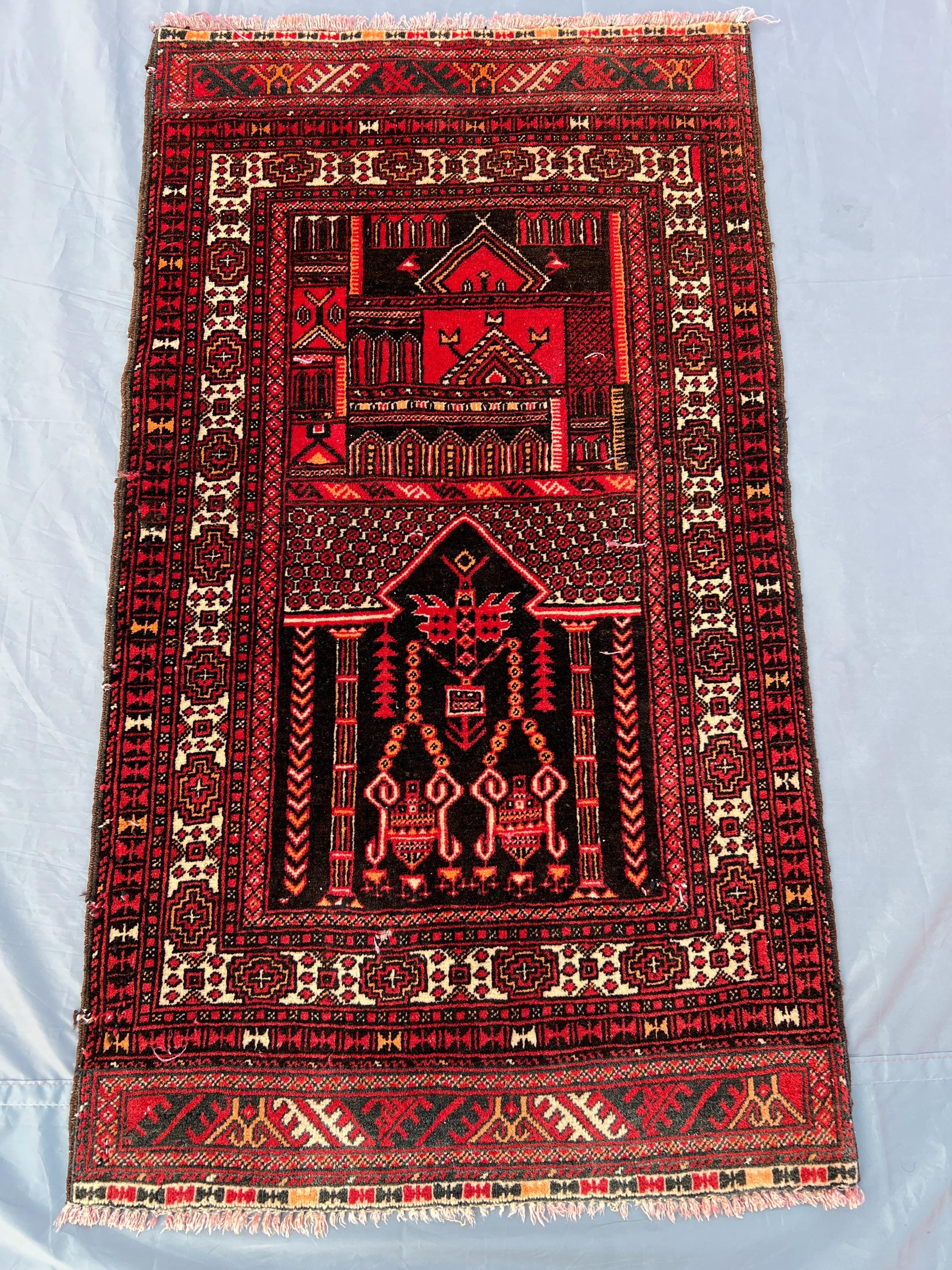 Antique 2.3x4 ft Turkmen Prayer Rug – Afghan Tribal Hand-Knotted Wool Carpet – Vintage Geometric Design for Bo