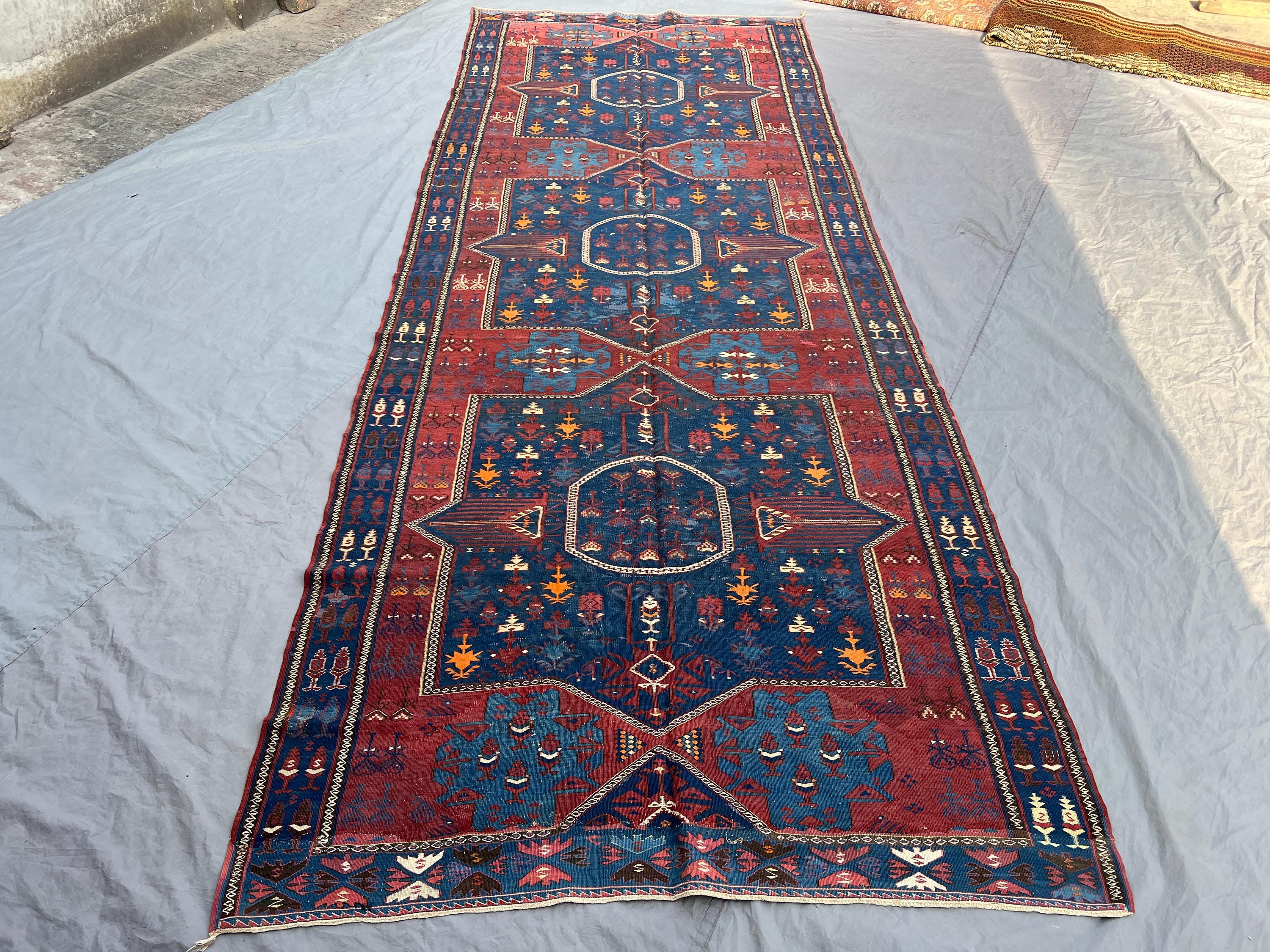 13'3 x 5'1 Ft Vintage Afghan Kilim Runner Red Blue Geometric Medallion Nomandic Flat Weave Hallway Corridor Rug Entryway Luxury Decor