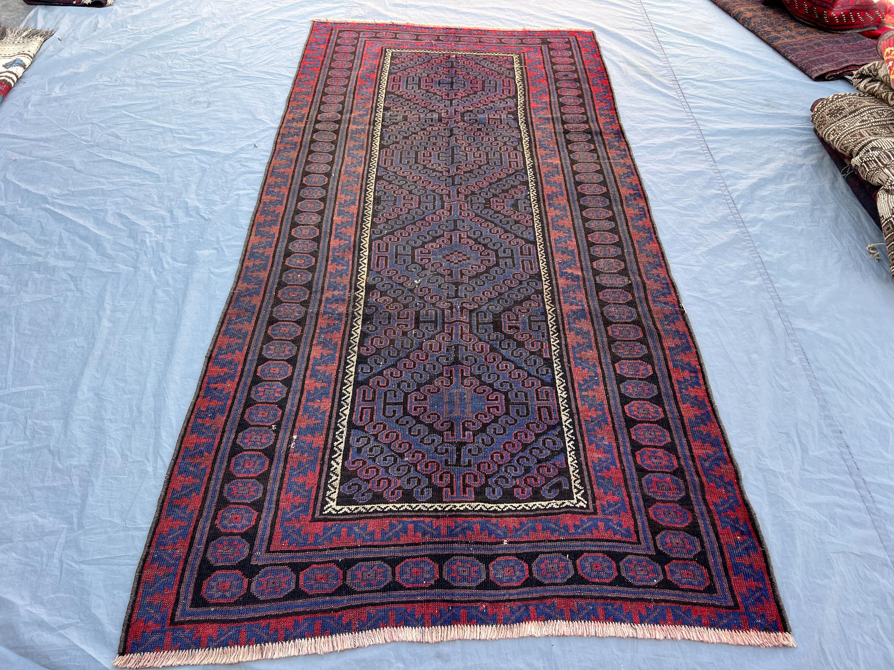 4'4x8'10 ft Vintage Afghan Hand-Knotted Runner Rug – Geometric Blue & Red Design, Tribal Motifs, Handmade, Boho Home Decor, Cozy Hallway