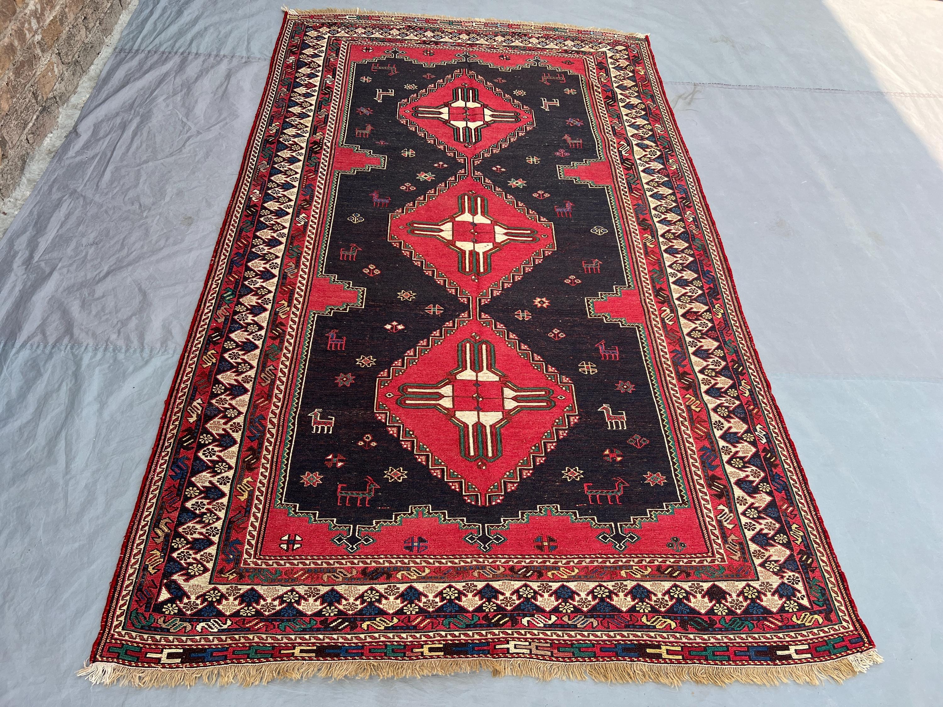 5x8'5 Ft Vintage Afghan Baluchi Pile Rug, Handknotted Triple Diamond Medallion Deep Black Red Wool | Living Room Boho Eclectic Decor