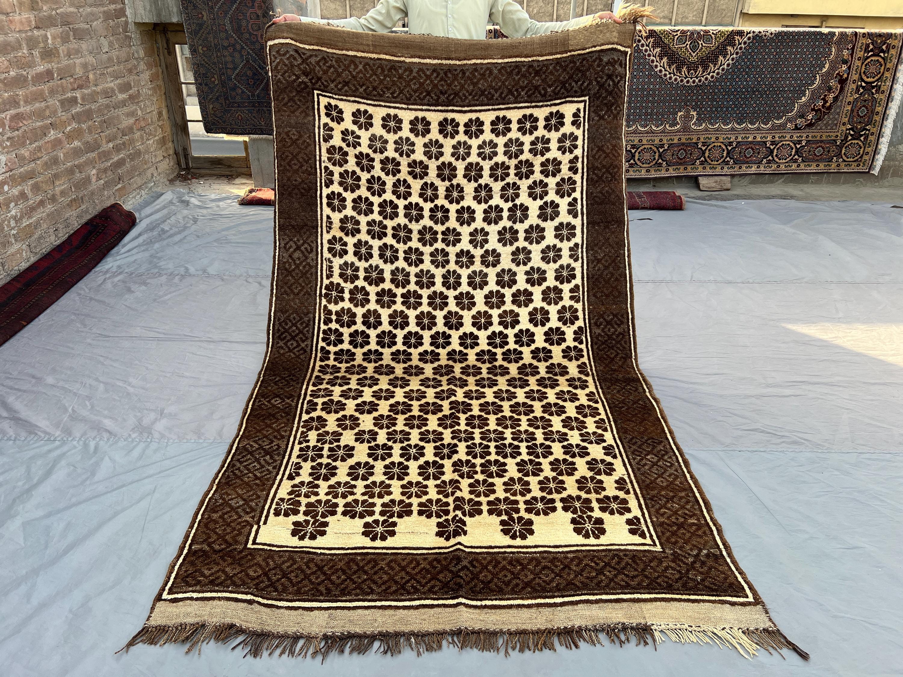 Afghan Baluch Rug 5'1x9 | Antique Hand Knotted Wool Carpet | Floral Geometric Design | Neutral Brown Cream Area Rug | Tribal Hallway Decor