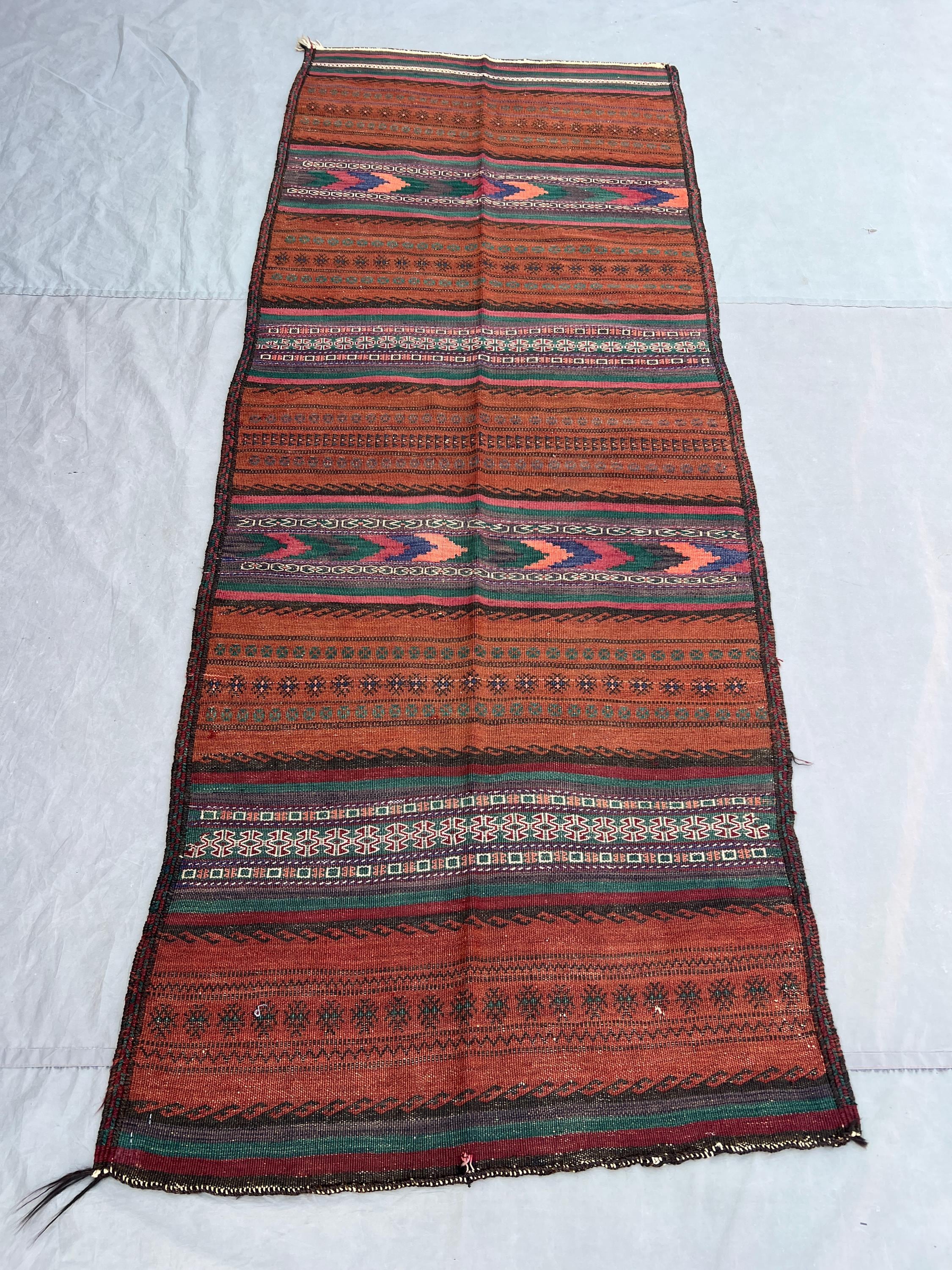 3'2x8 ft Vintage Afghan Kilim Runner, Handmade Flatweave Wool Rug, Long Hallway Runner Rug, Tribal Striped Carpet, Boho Home Decor