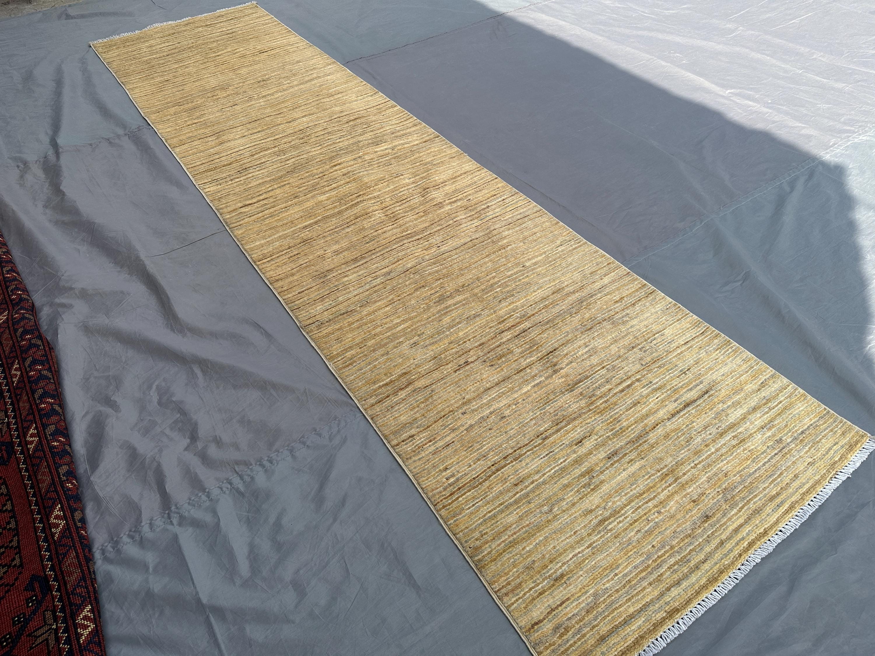 Modern Afghan Oushak Runner 3x10 Handmade Gabbeh Berber Rug | Wool Hallway Carpet | Minimalist Beige Striped R