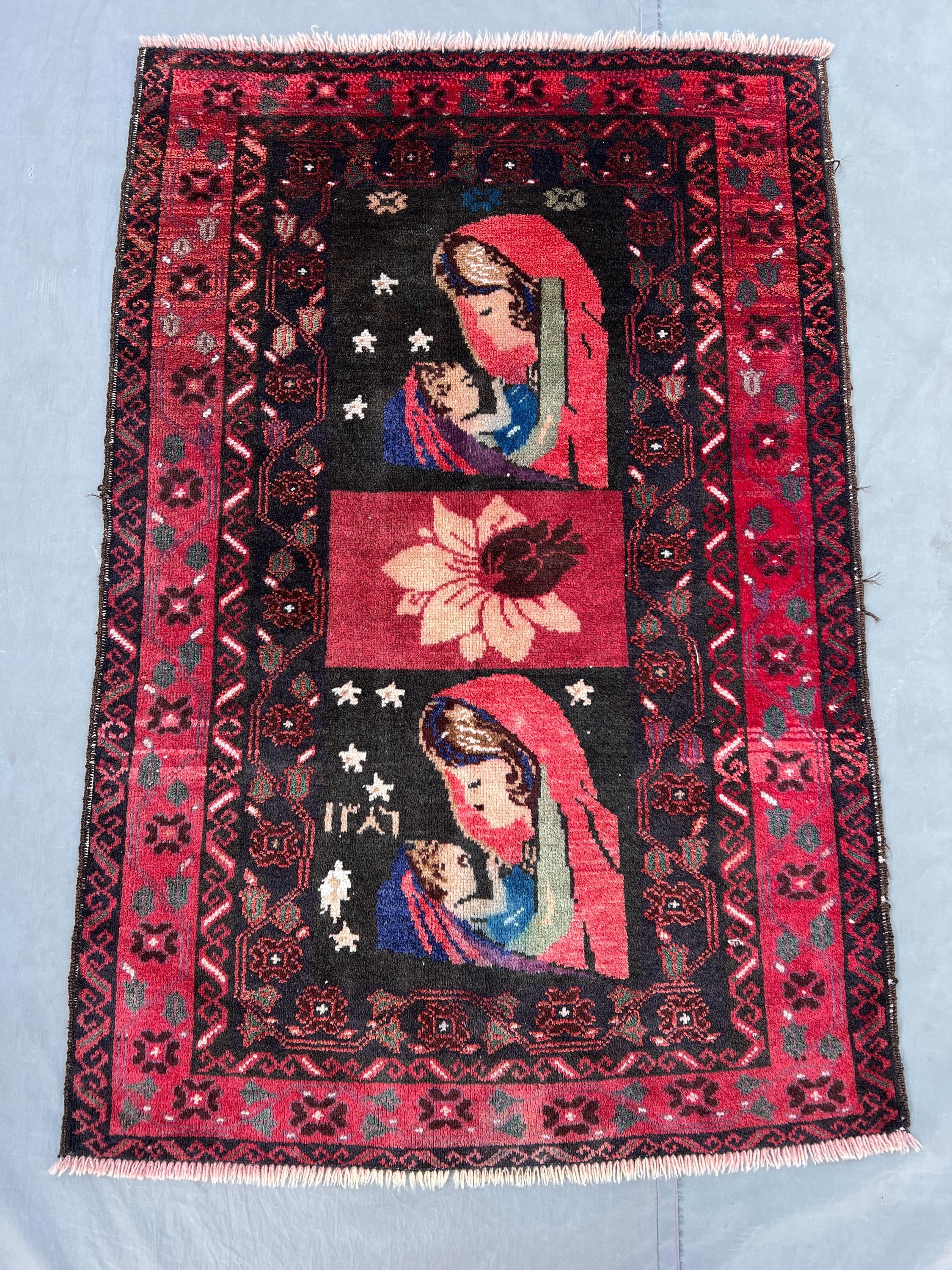 Red/Black 2'9" x 4' Antique Afghan Pictorial Rug, Hand-Knotted Wool, Madonna & Child Design, Wall Hanging, S