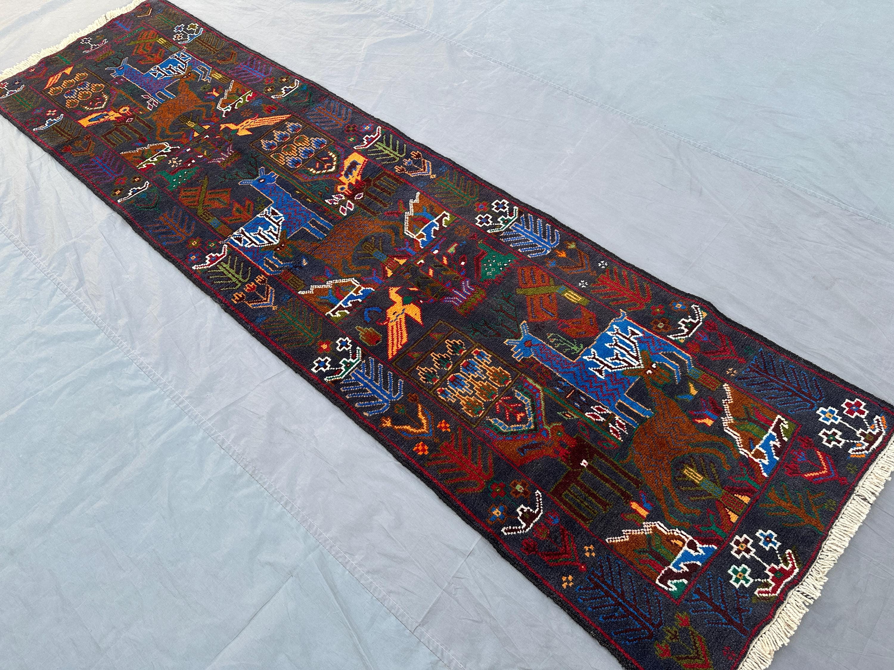 3x10 Vintage Afghan Handmade Runner Rug | Tribal Pictorial Animal Hunting Scene | Geometric Art Hallway Rug, Home Decor Nomadic Art Rug