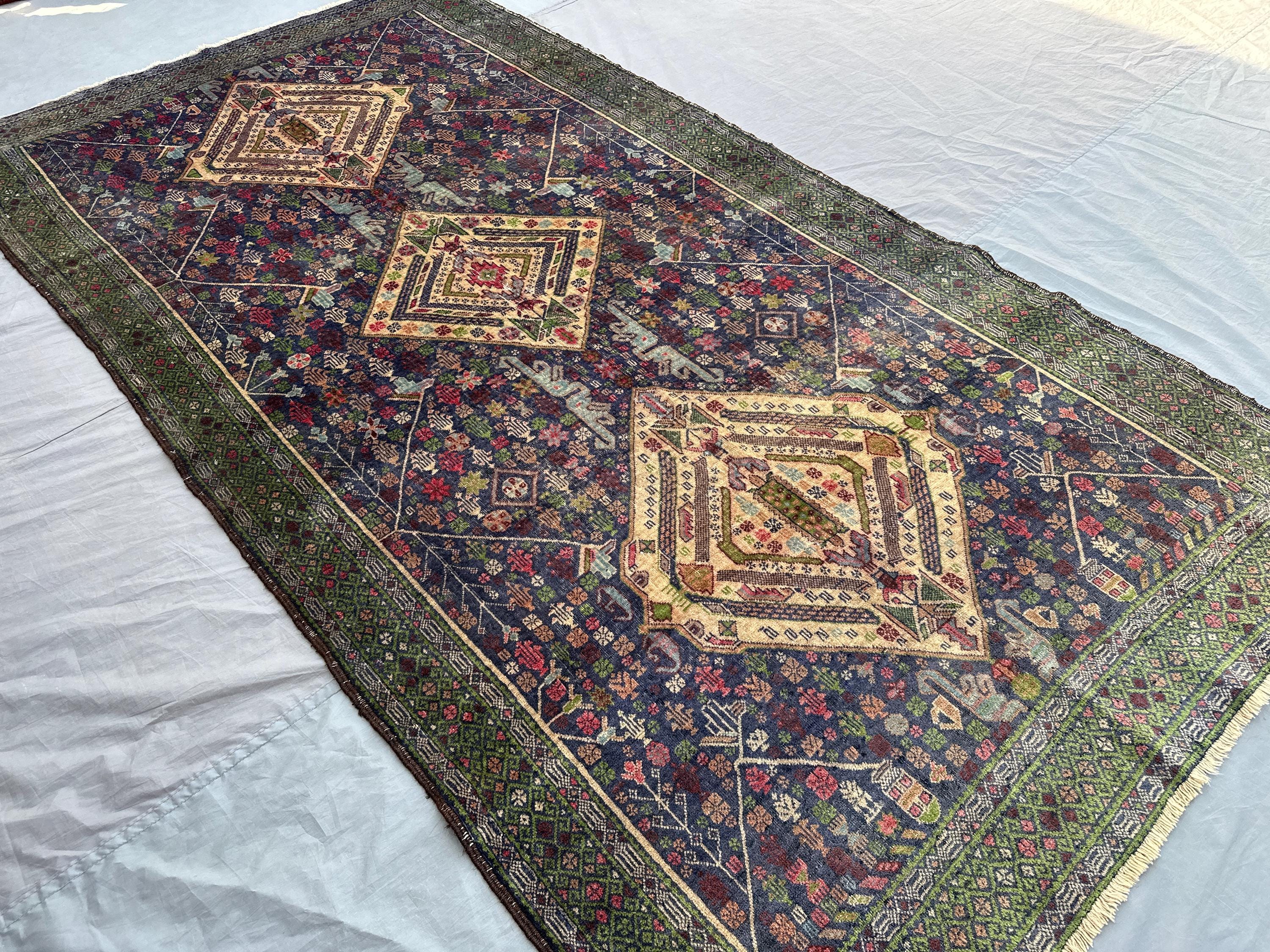 5x9 Antique Afghan Baluchi Rug | Hand-Knotted Tribal Wool Carpet | Colorful Floral Medallion Pattern | Vintage Nomadic Decor, Outdoor rug