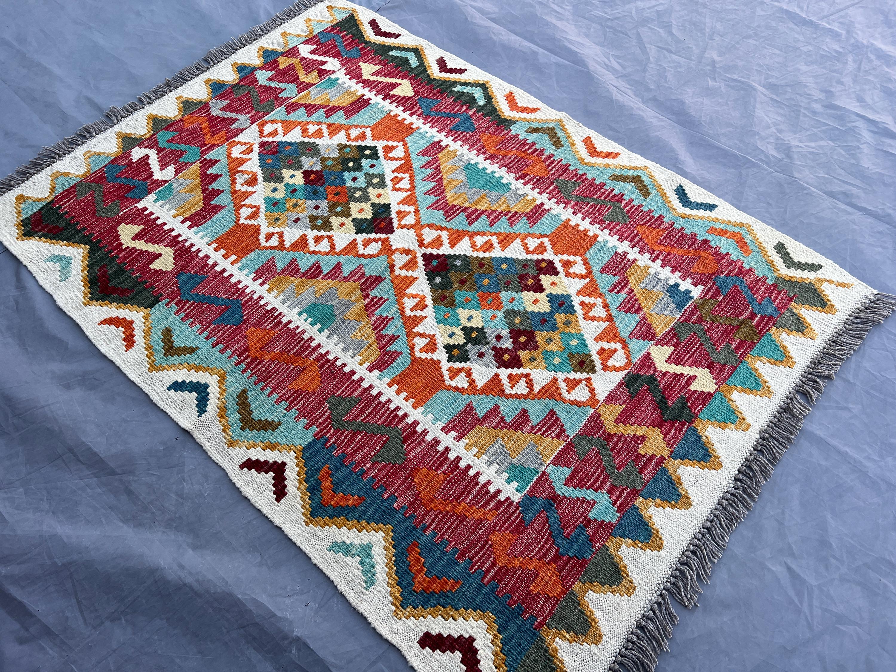 2'10x4 ft Afghan Handmade Kilim Rug, Colorful Tribal Flat Weave Wool Accent Rug | Small Boho Geometric Area Carpet, Home Decor, Kids Rug
