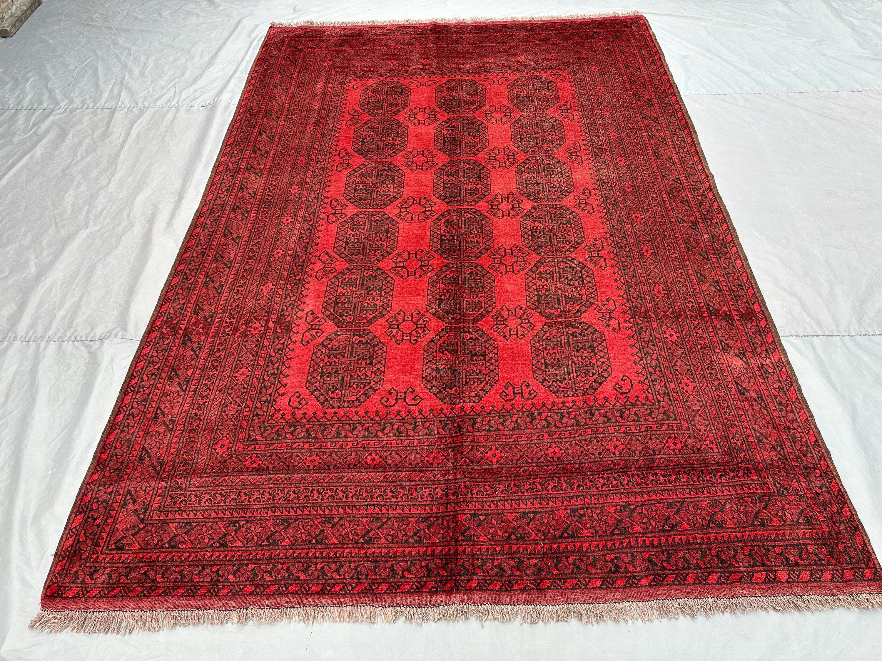 7 x 10 ft Afghan Hand Knotted Vintage Turkoman Bokhara Elephant Foot Rug Red Tribal Geometric Soft Wool Large