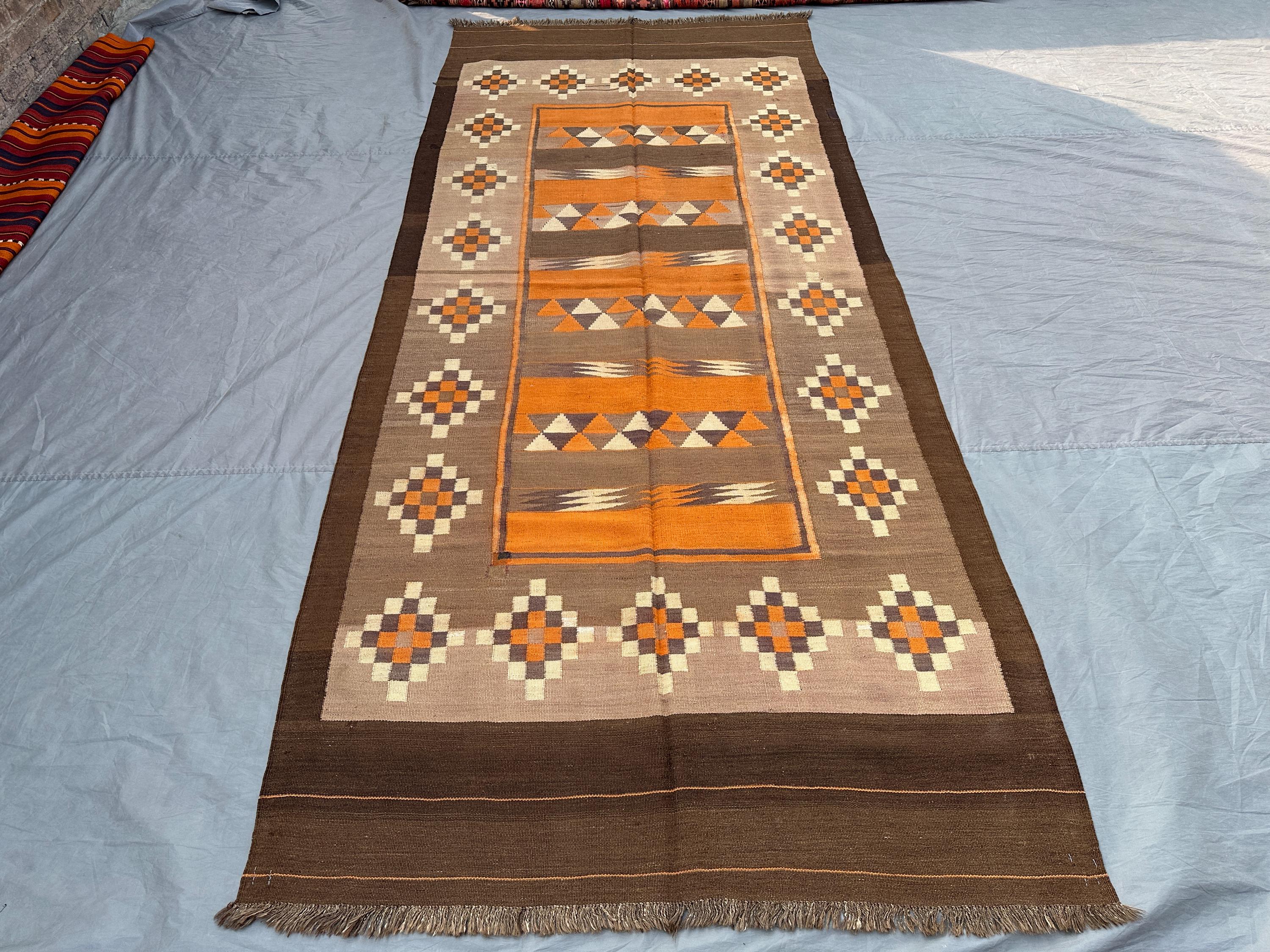 5x11 Afghan Kilim Rug | Handwoven Tribal Wool Flat Weave Wide Runner | Beige Brown Orange Carpet | Vintage Geo