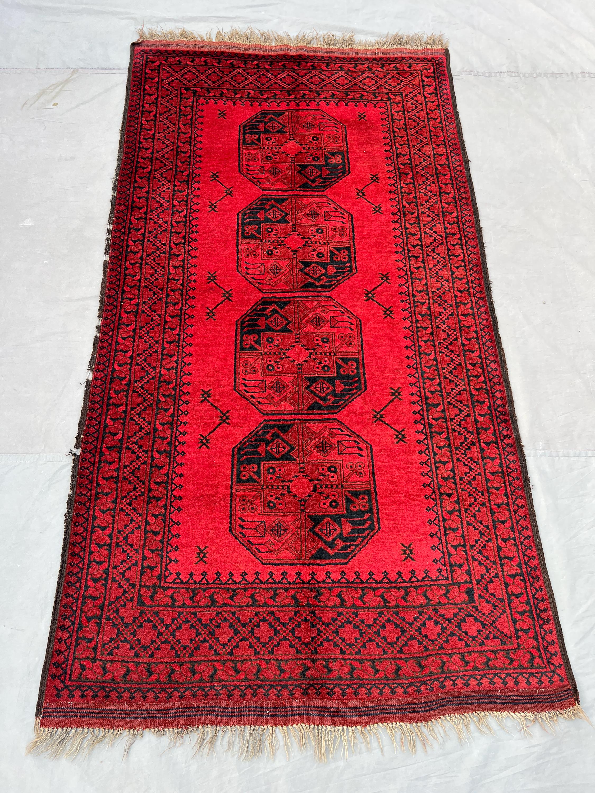 Red 4x7 Ft Hand-Knotted Turkmani Vintage Rug, Balochi Design, Oriental Soft Wool Rug, Traditional Wool Rug, Unique Home Decor Piece 1900s