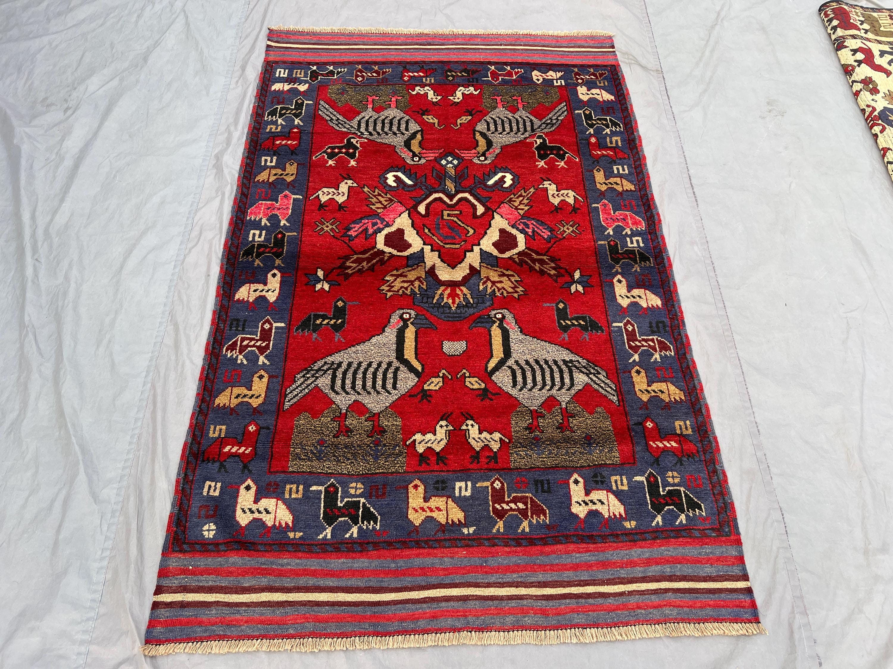 3'11x6 Ft Vintage Afghan Baluchi Hand Knotted Bird Rug Tribal Animal Design Soft Pile Area Rug Home Decor Living Room, Bedroom,Study Area