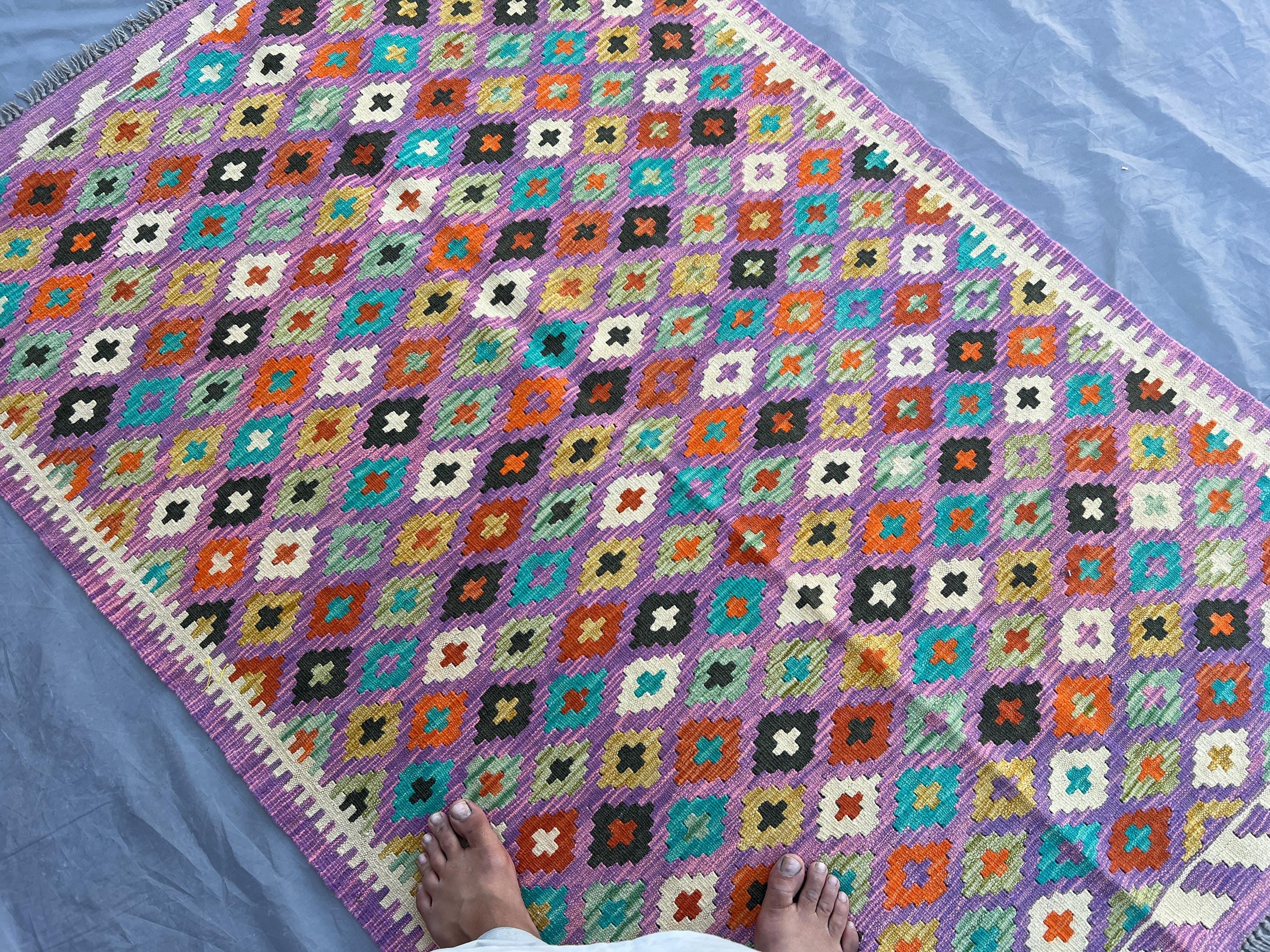 4x6'2 ft Afghan Handmade Kilim Rug | Multicolor Tribal Flat Weave Wool Carpet | Boho Geometric Area Rug for Living Room, Kitchen Rug