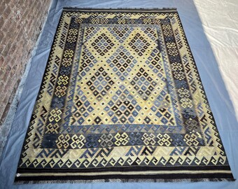 7'1x9'8 ft Afghan Handmade Kilim Rug, Vintage Turkmen Flat Weave Wool Rug, Faded Blue & Beige Geometric Area Rug, Large Living Room Carpet