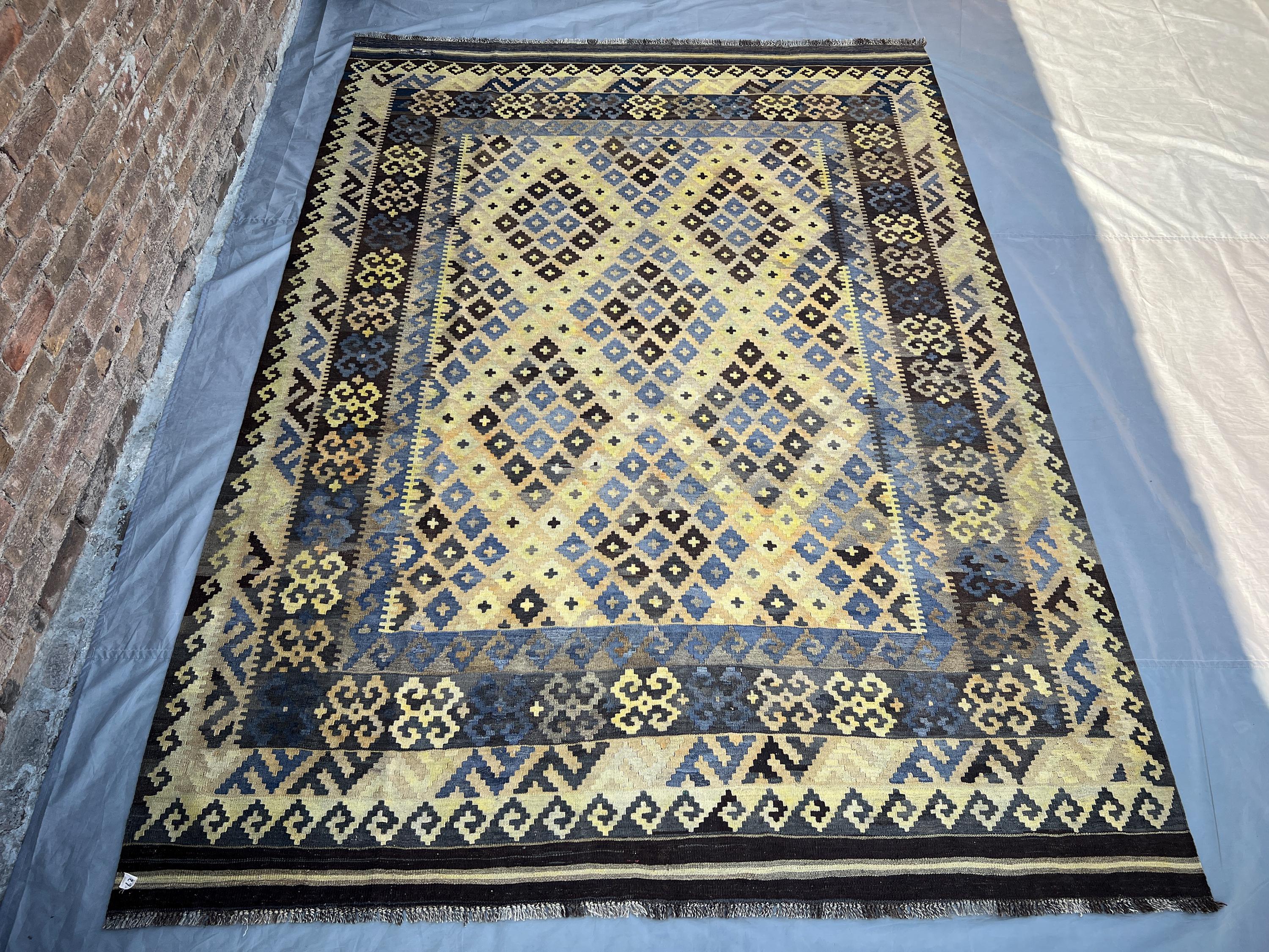 7'1x9'8 ft Afghan Handmade Kilim Rug, Vintage Turkmen Flat Weave Wool Rug, Faded Blue & Beige Geometric Area R