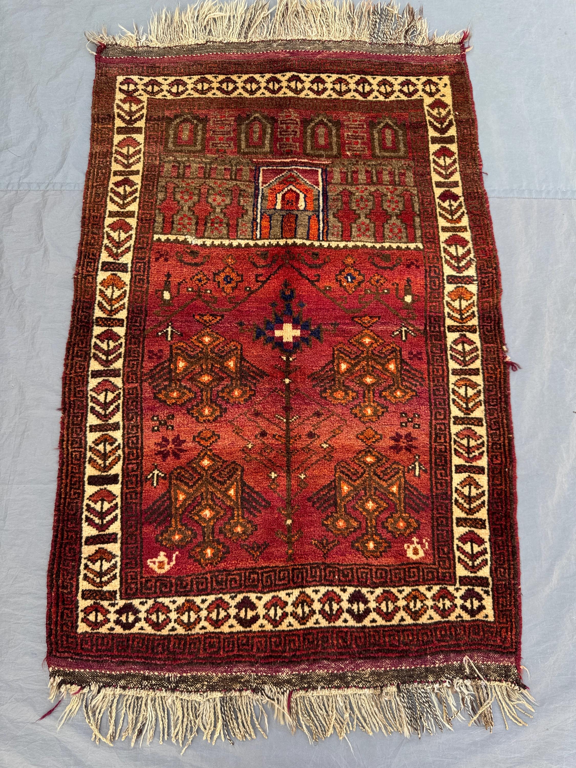 Red 2'11 x 4'7 ft Vintage Afghan Handmade Prayer Rug, Tribal Mihrab Design, Nomandic Wool Small Area Rug for Bedroom Prayer Corner Entryway