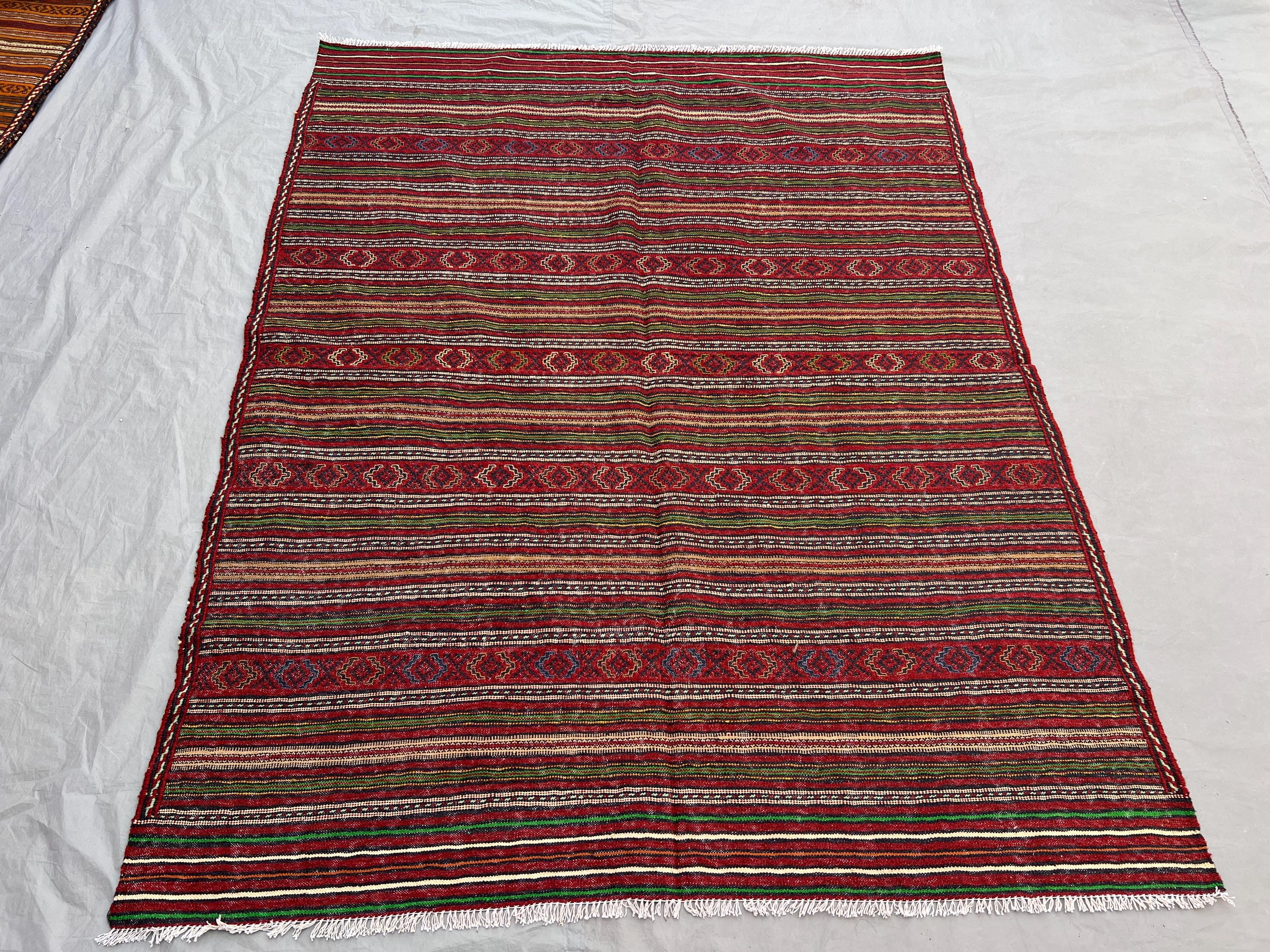4'11x6'4 ft Vintage Afghan Hand-Knotted Kilim – Striped Design with Geometric Borders, Handmade, Boho Home Decor, Cozy Living Room