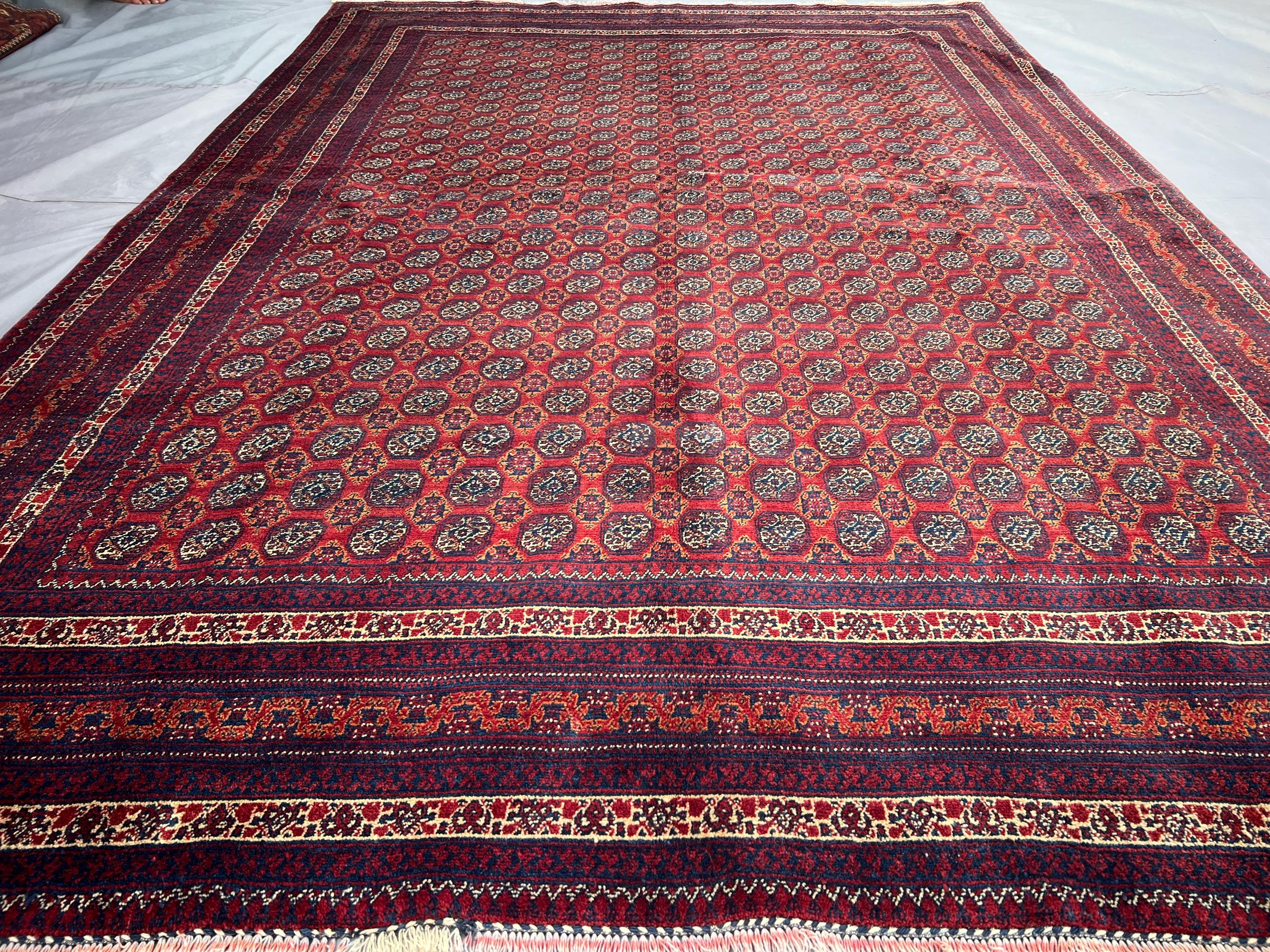 7x9 Vintage Turkmen Bukhara Rug, Hand Knotted Wool Tribal Rug, Khoja Roshnai Red Ivory Black Geometric Carpet,