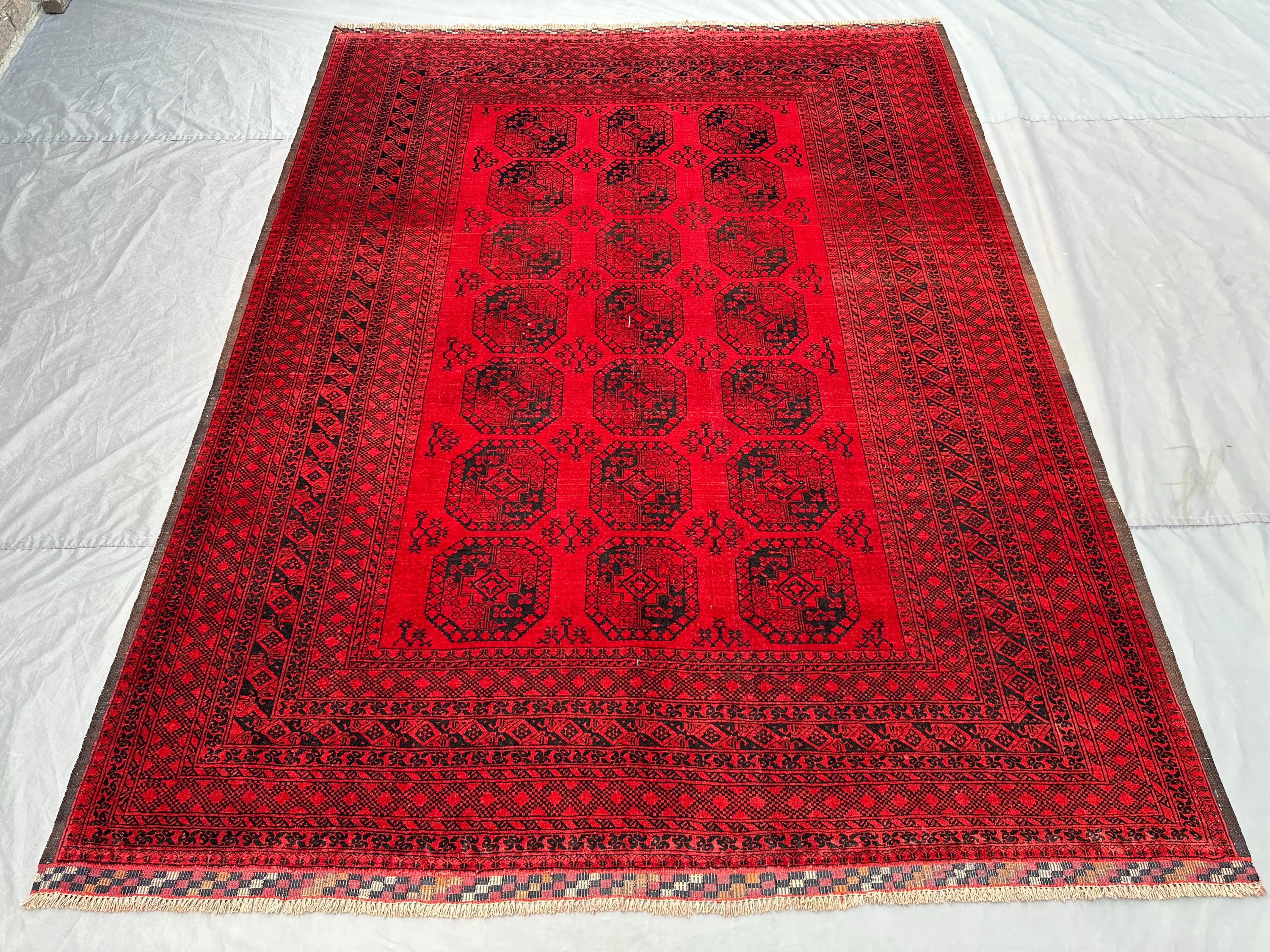 7 x 9 Vintage Afghan Hand Knotted, Turkoman Bukhara Rug, Elephant Foot Design Red Black Tribal Wool rug Soft Pile Area Rug | farmhouse decor