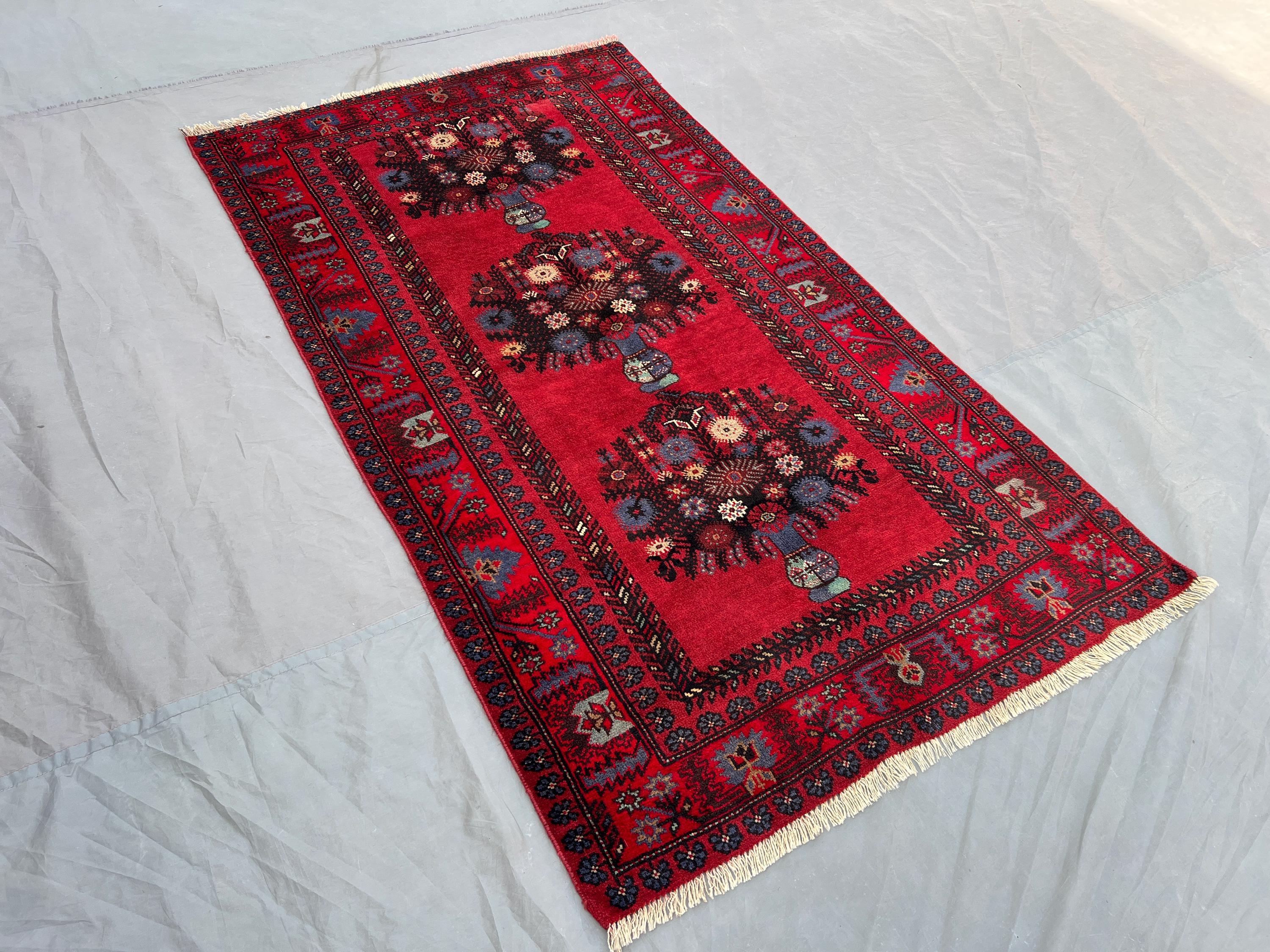 3'9 x 5'10 ft Red Vintage Afghan Baluchi Floral Rug, Hand-Knotted Wool Carpet, Soft Pile Tribal Design Orienta