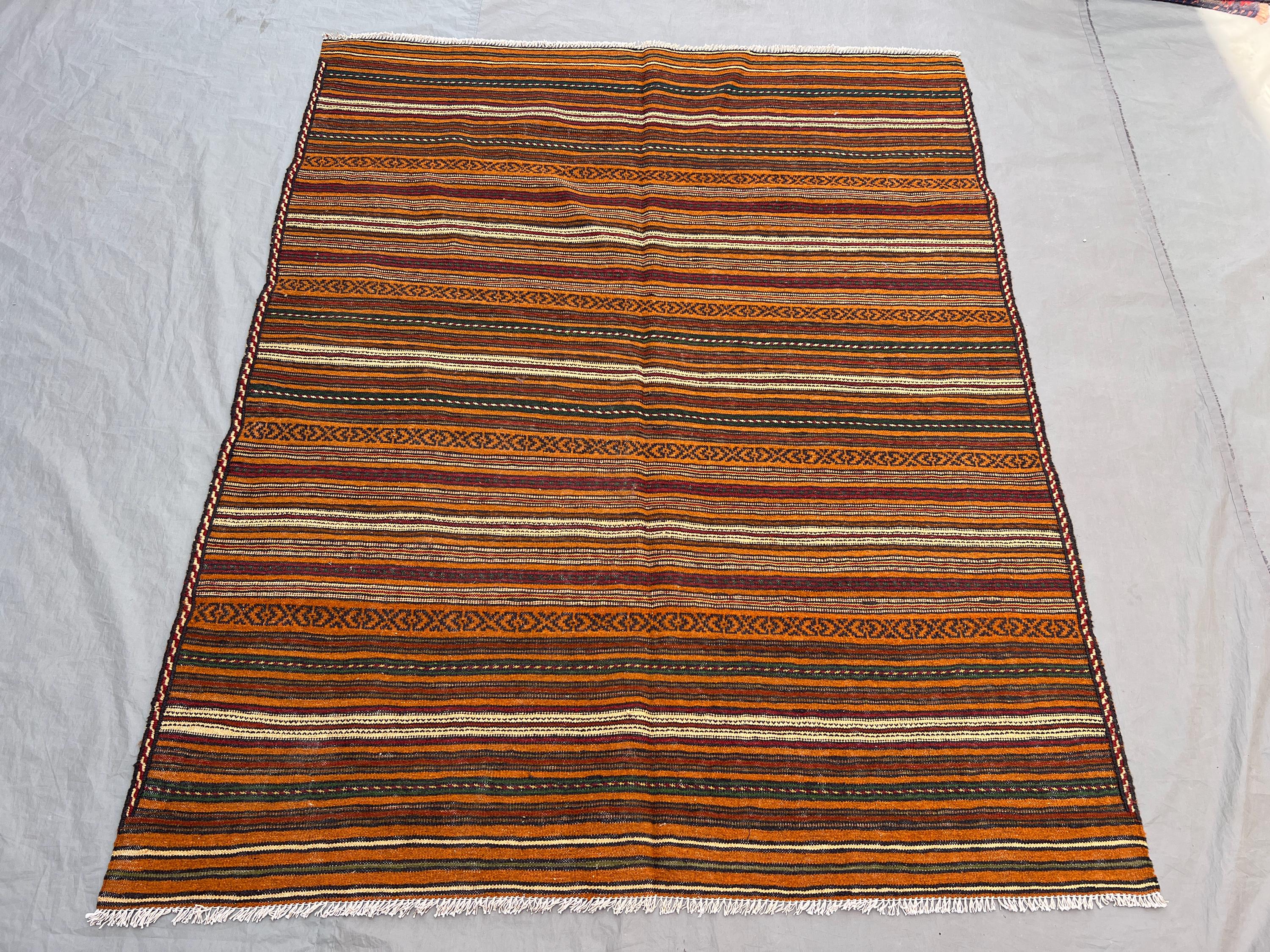 4'10x5'11 ft Vintage Afghan Hand-Knotted Kilim – Striped Design with Geometric Borders, Handmade, Boho Home Decor, Cozy Living Room