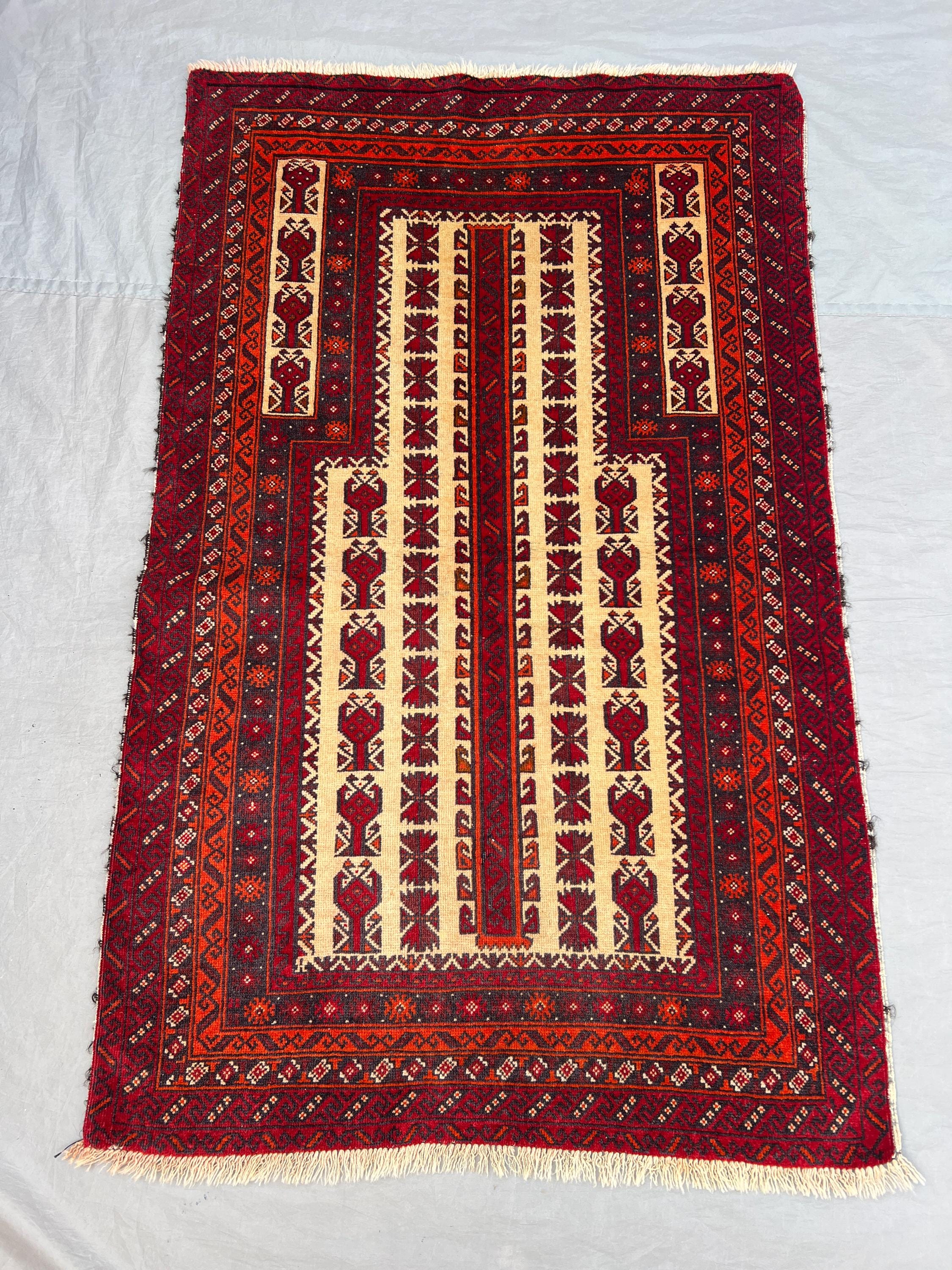 2'11x4'8 Ft Vintage Afghan Hand Knotted Pile Prayer Rug | Ivory Red Striped Column Mihrab Tribal Wool Rug | Daily Prayer, Wall Hanging