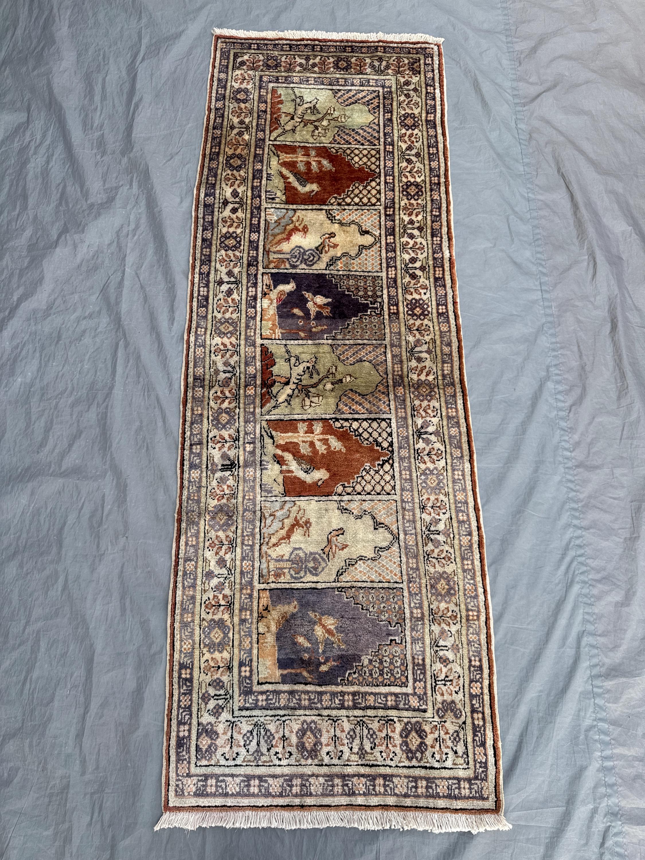 Beige 1'11 x 5'9 Ft Vintage Turkish Hand Knotted Silk Runner Prayer Rug Distressed Hallway Decor – Beige, Blue, Rust, Brown Prayer Area
