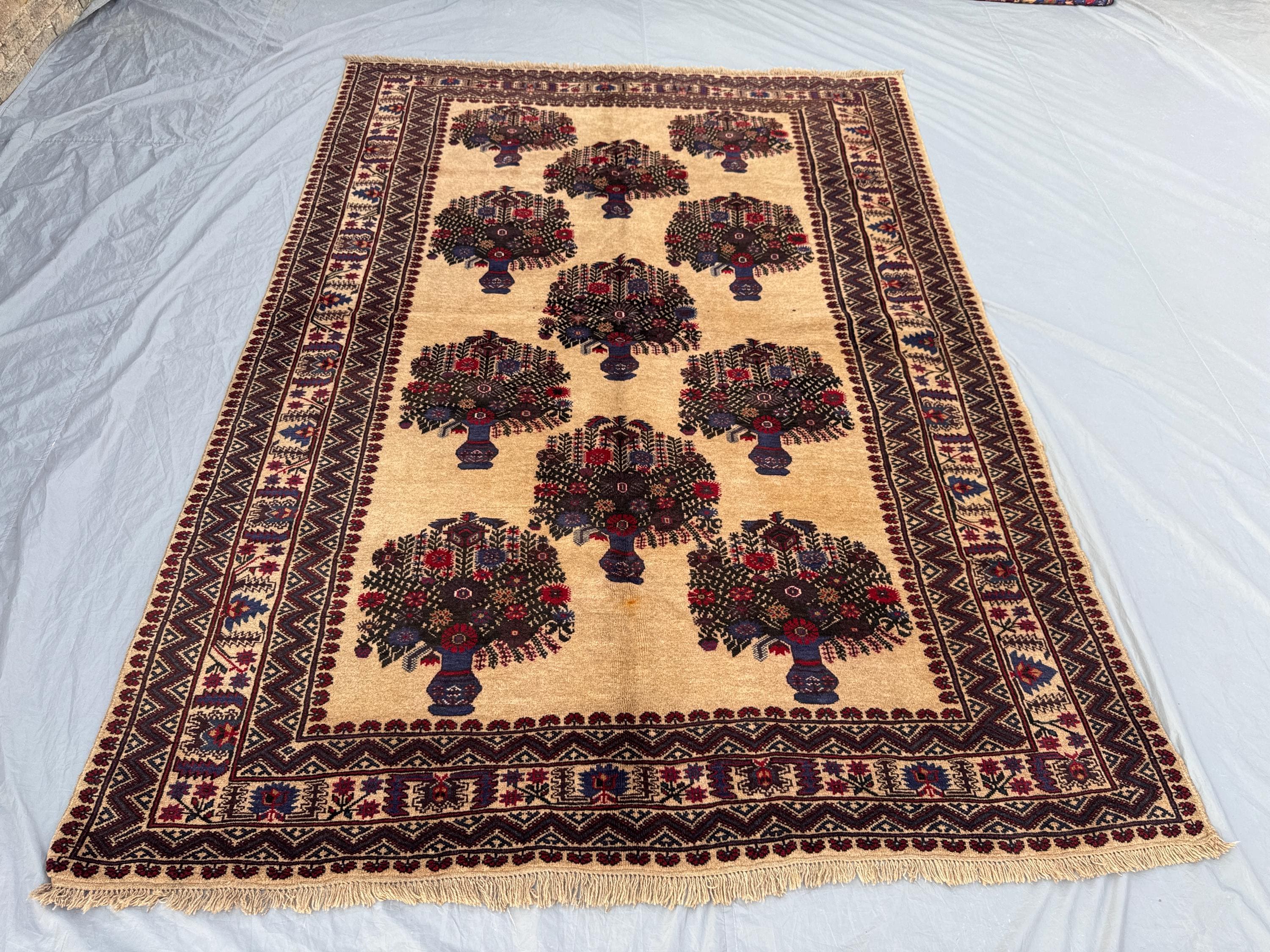 7 x 9 ft Afghan Hand-Knotted Vintage Soft Pile Balochi Design Pictorial Flower Print One of a Kind Boho Home Decor Large Area Rug