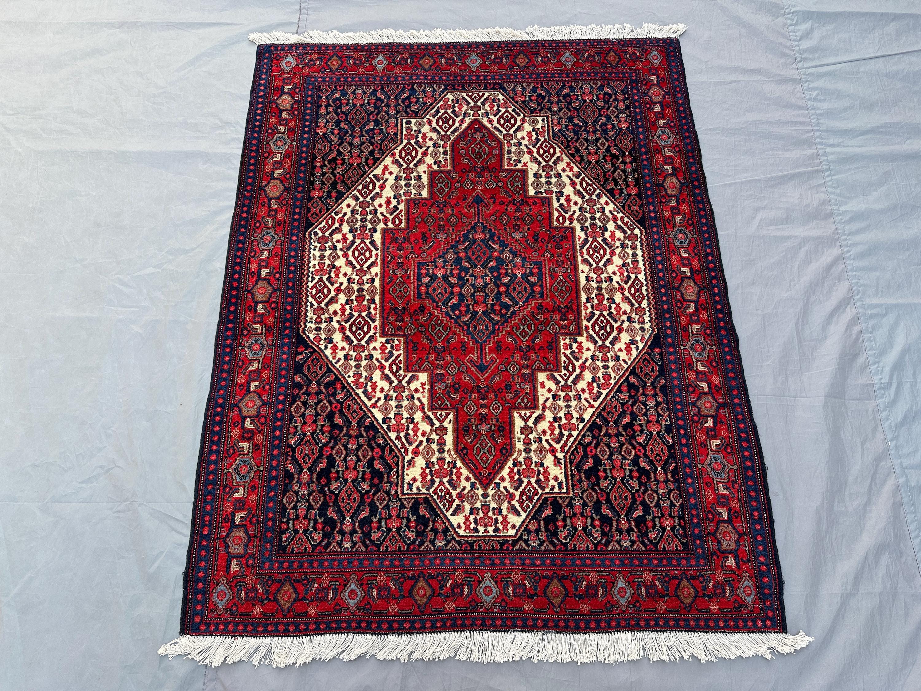 4x5 Antique Turkish Tribal Rug | Hand Knotted Wool Medallion Rug | Caucasian Geometric Design | Rustic Bedroom Decor Carpet, Moroccan Rug