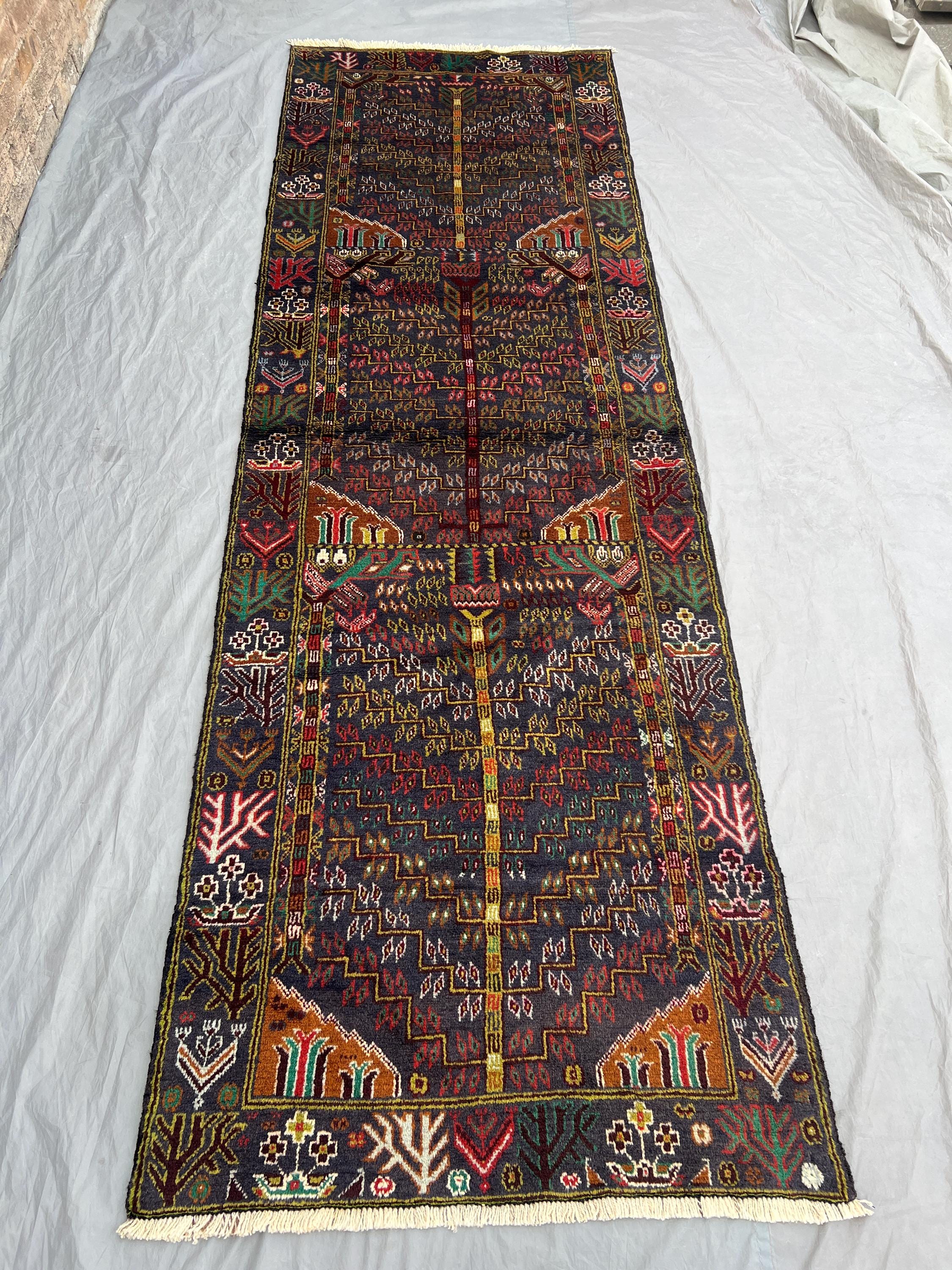 3 x 10 ft Afghan Hand-Knotted Vintage Pictorial Runner - Rare Soft Pile One-of-a-Kind Balochi Design, Wool Tri