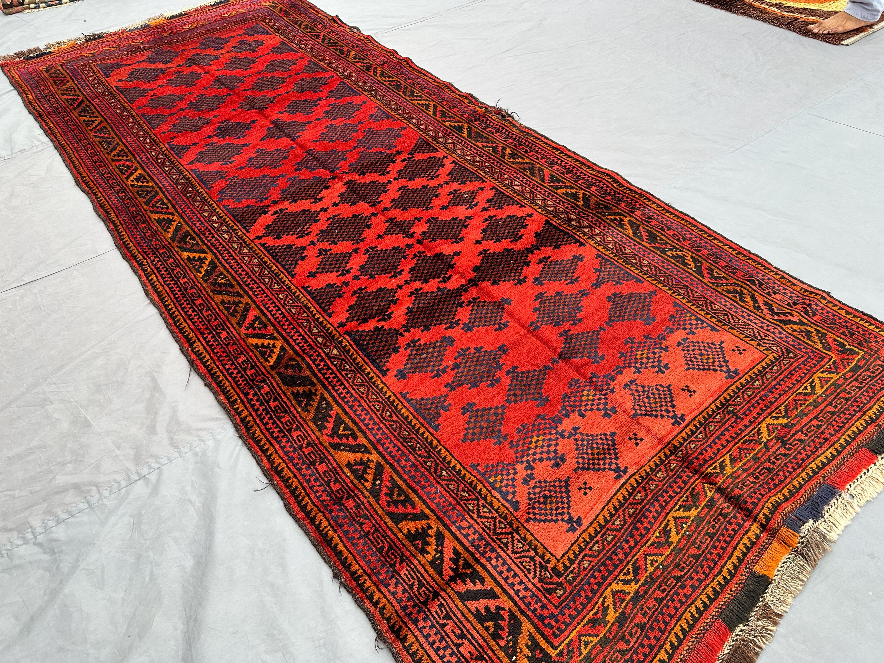 4x10 Antique Baluchi Runner Rug | Hand Knotted Tribal Wool Carpet | Wide Red Black Afghan Hallway Rug | Vintage Nomadic Long Decor, Entryway