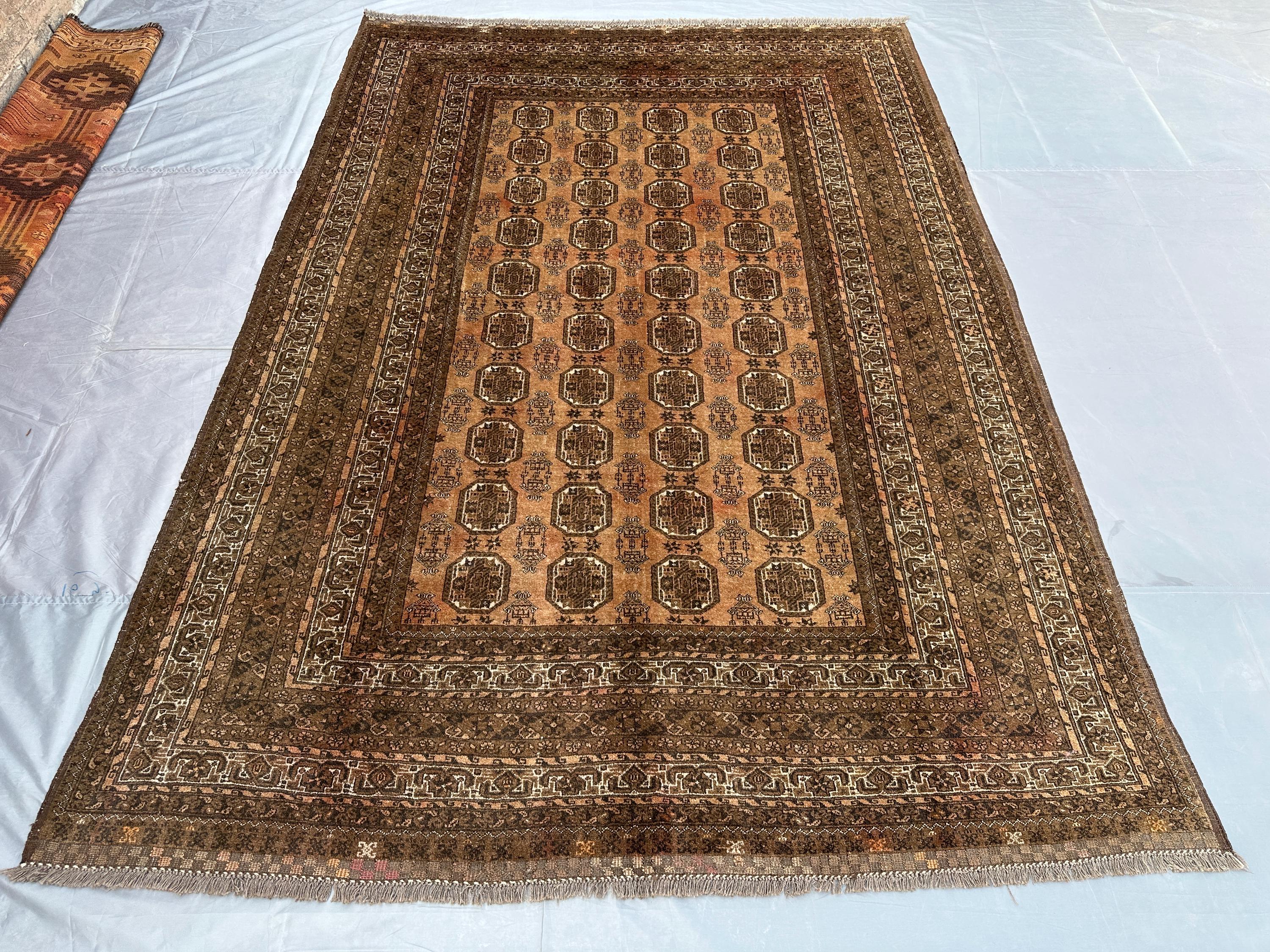 6.7x9.3 ft Antique Turkmen Bukhara Rug Afghan Ersari Hand-Knotted Wool Tribal Carpet, Turkish Rare Rug, Morocc