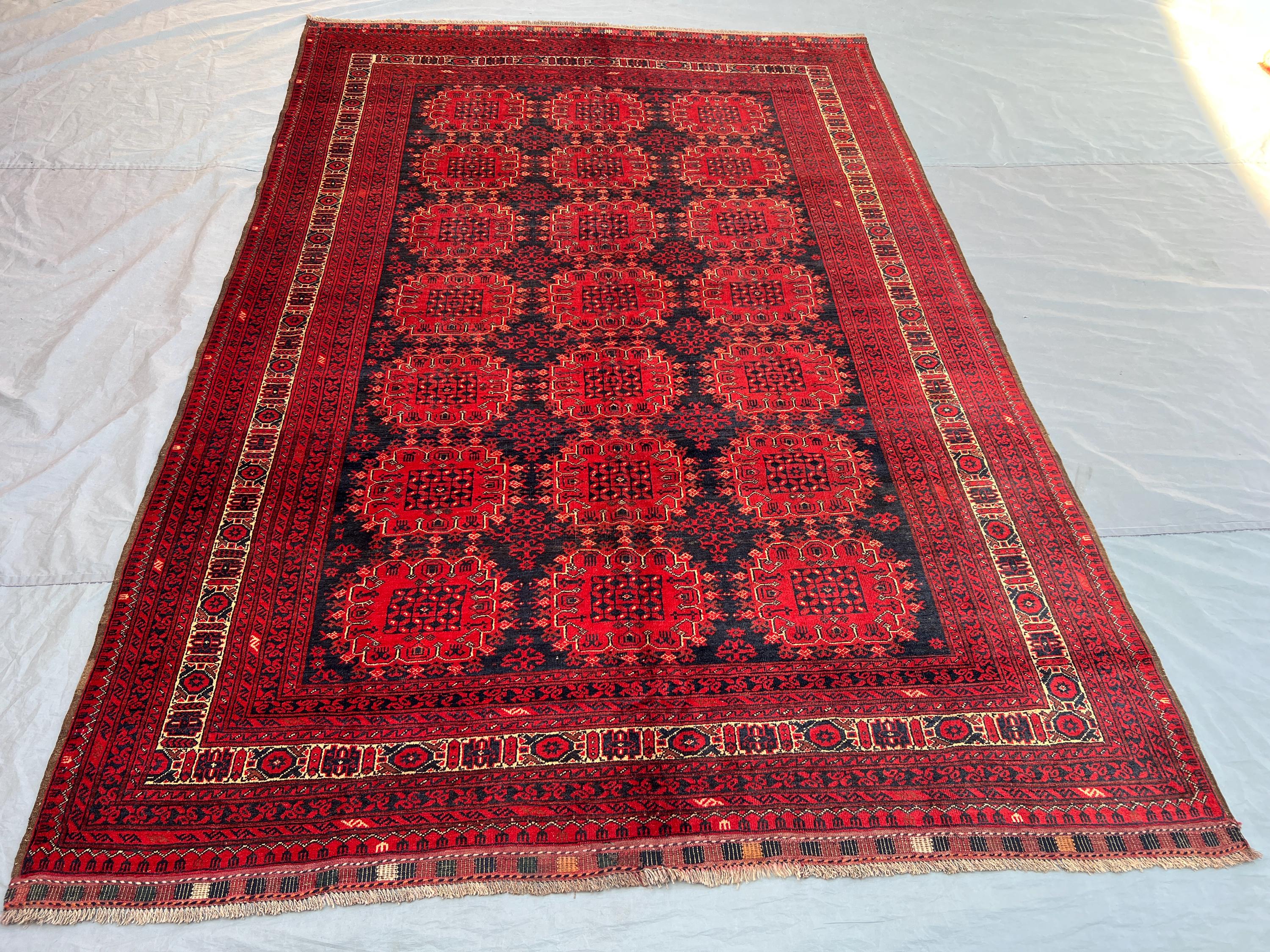 6'9x9'9 Ft Antique Afghan Turkmen Ersari Handknotted Soft Pile Large Area Rug, All-Over Flower Gul Deep Red Bl