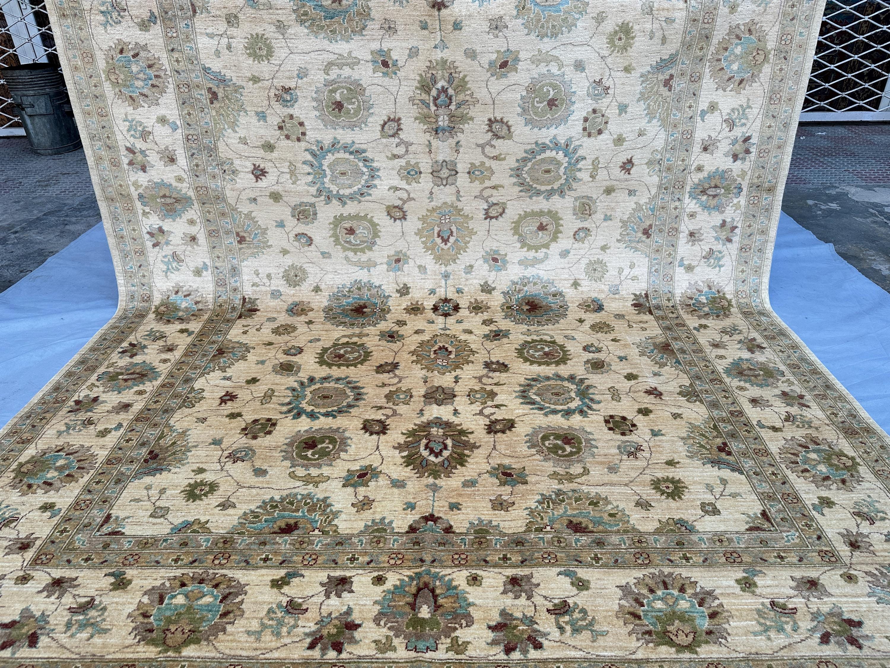 Afghan Sultani Oushak Rug 10x8, Hand-Knotted Wool Carpet, Ivory Floral Rosette Design, Large Living Room Rug