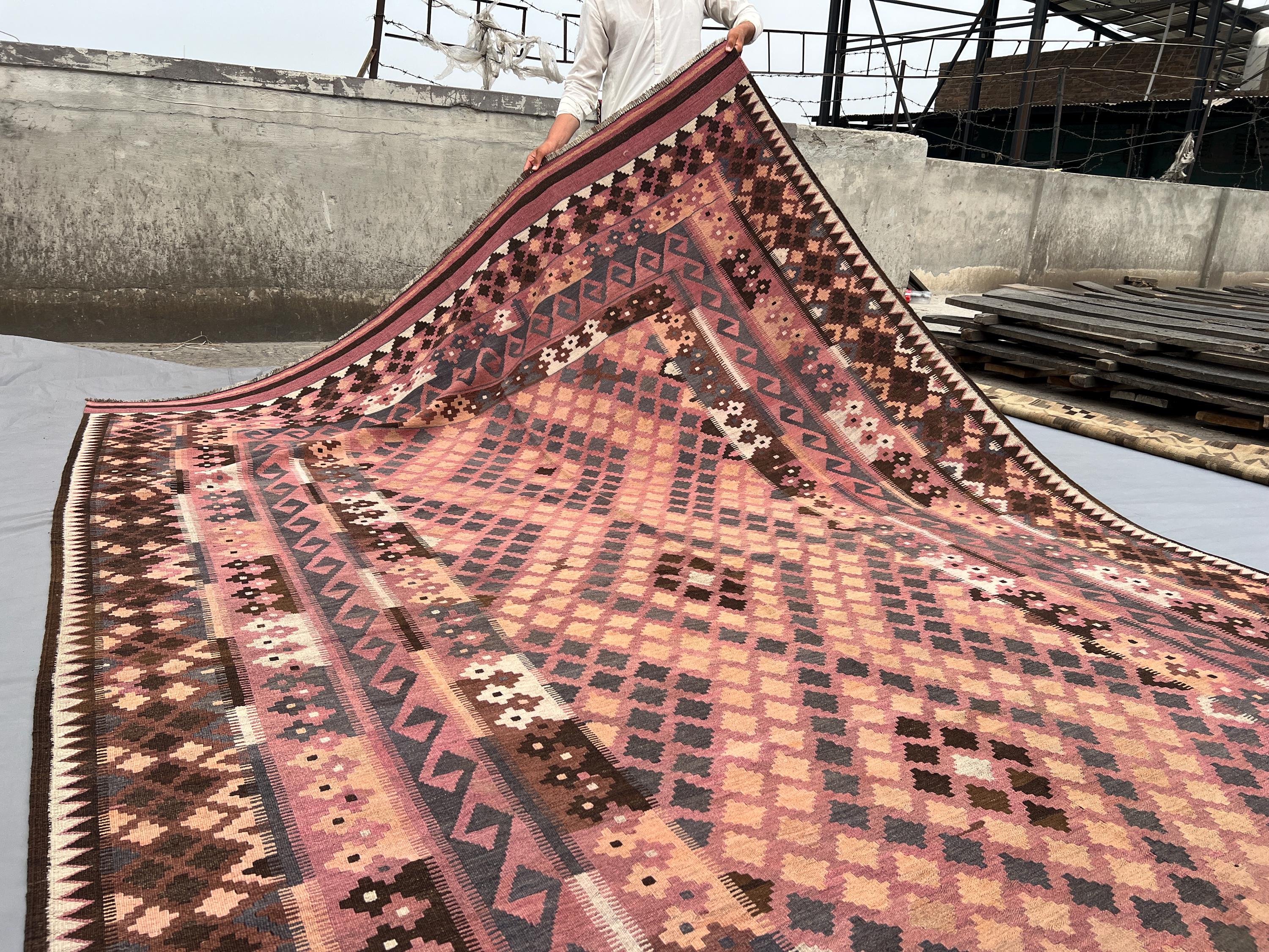 8x16 Oversized Antique Kilim Rug, Handwoven Flatweave Tribal Large Rug, Vintage Earthy Pink Brown Geometric St