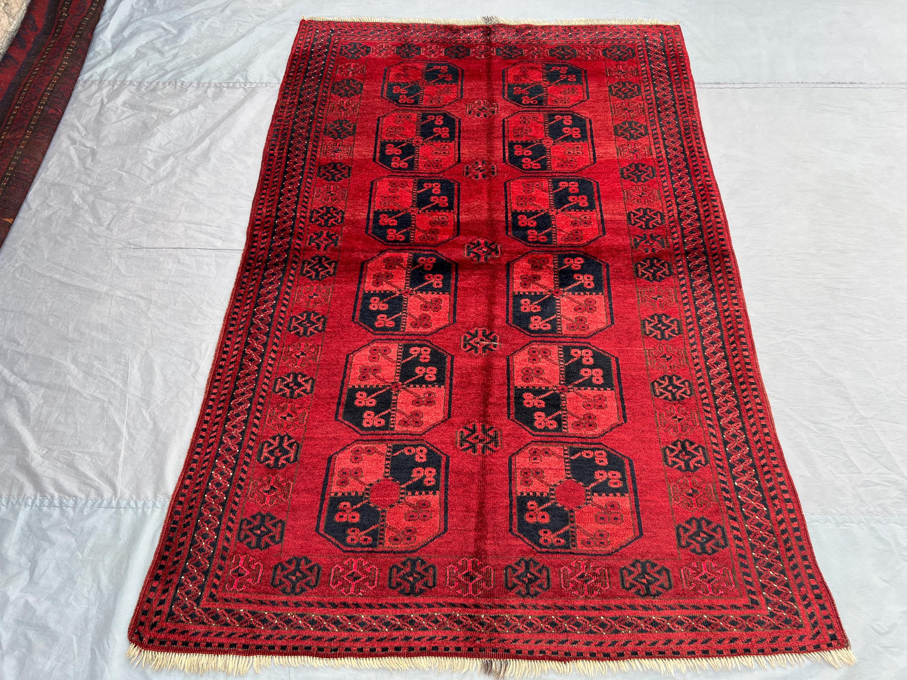 Antique Turkmen Bukhara Rug 5x7 | Hand Knotted Afghan Wool Carpet | Elephant Foot Design | Tribal Geometric Rare Collectible Rug, Floor Rug