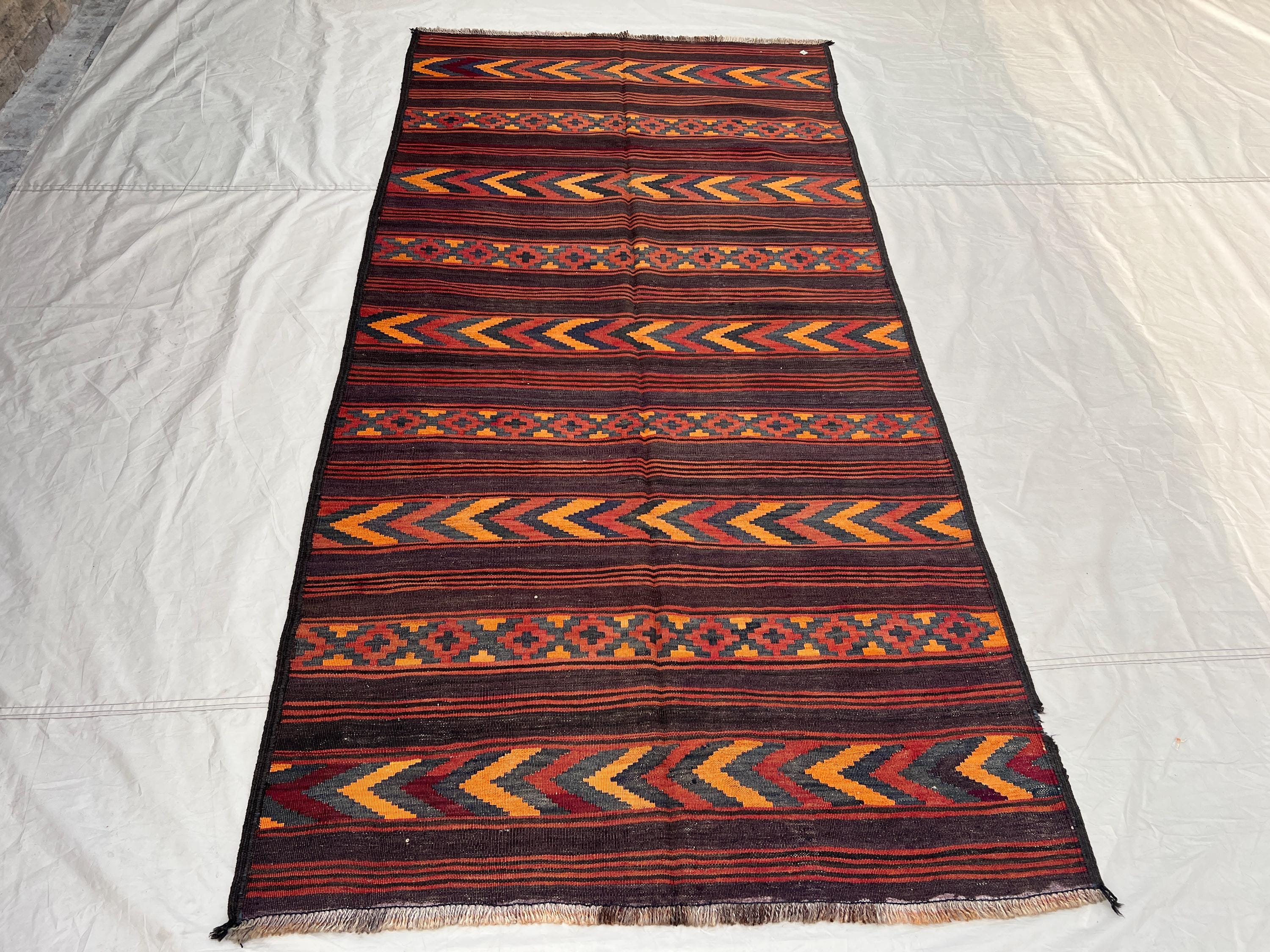 4'5x8'8 ft Vintage Afghan Kilim Rug | Handwoven Tribal Striped Chevron | Deep Aubergine & Fiery Orange Flatweave | Living Room Bedroom