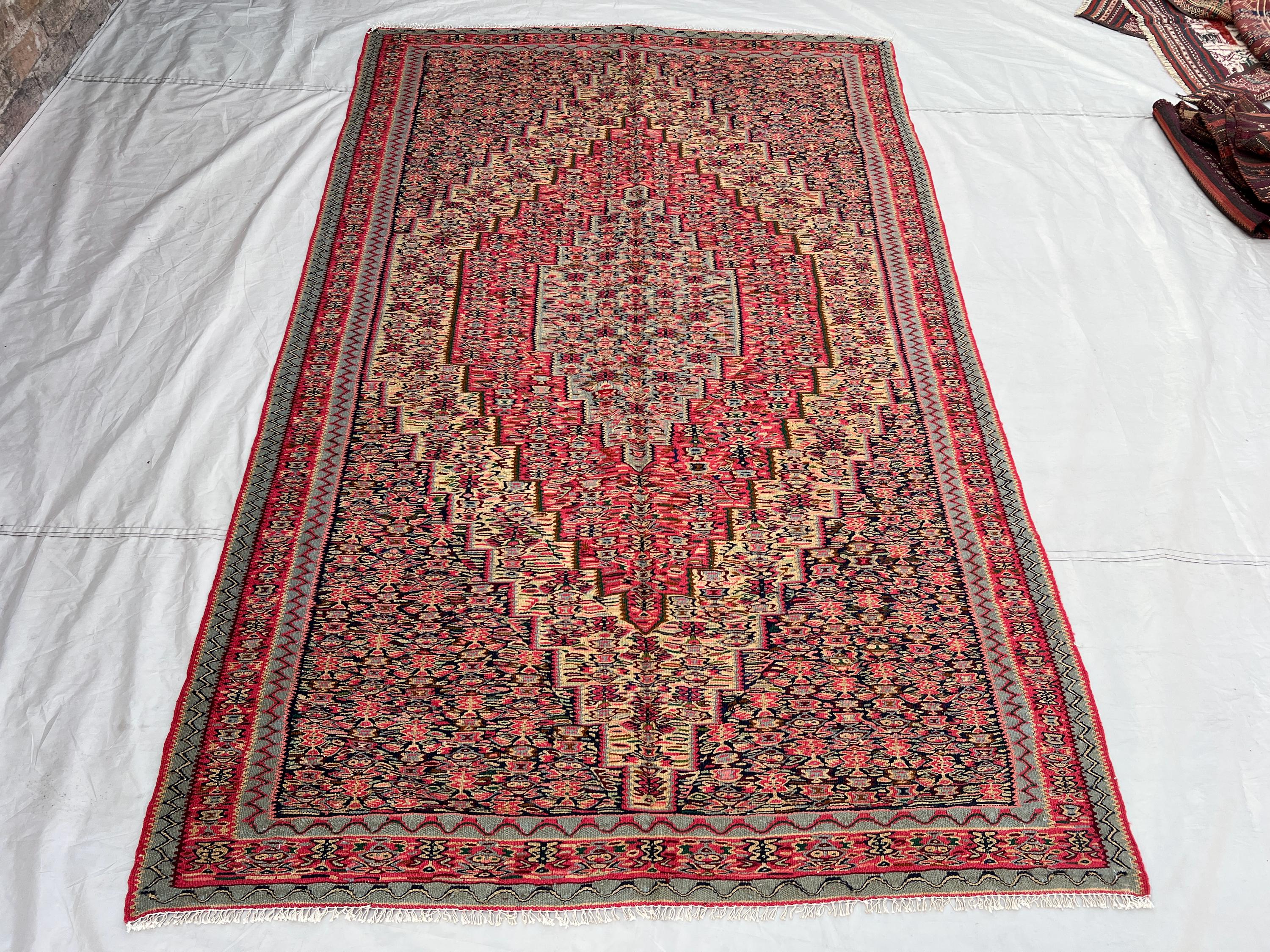 5'1x8'2 ft Vintage Afghan Kilim Rug | Handwoven Tribal Diamond Medallion | Rose Pink & Midnight Navy Flatweave Area Rug Living Room Bedroom