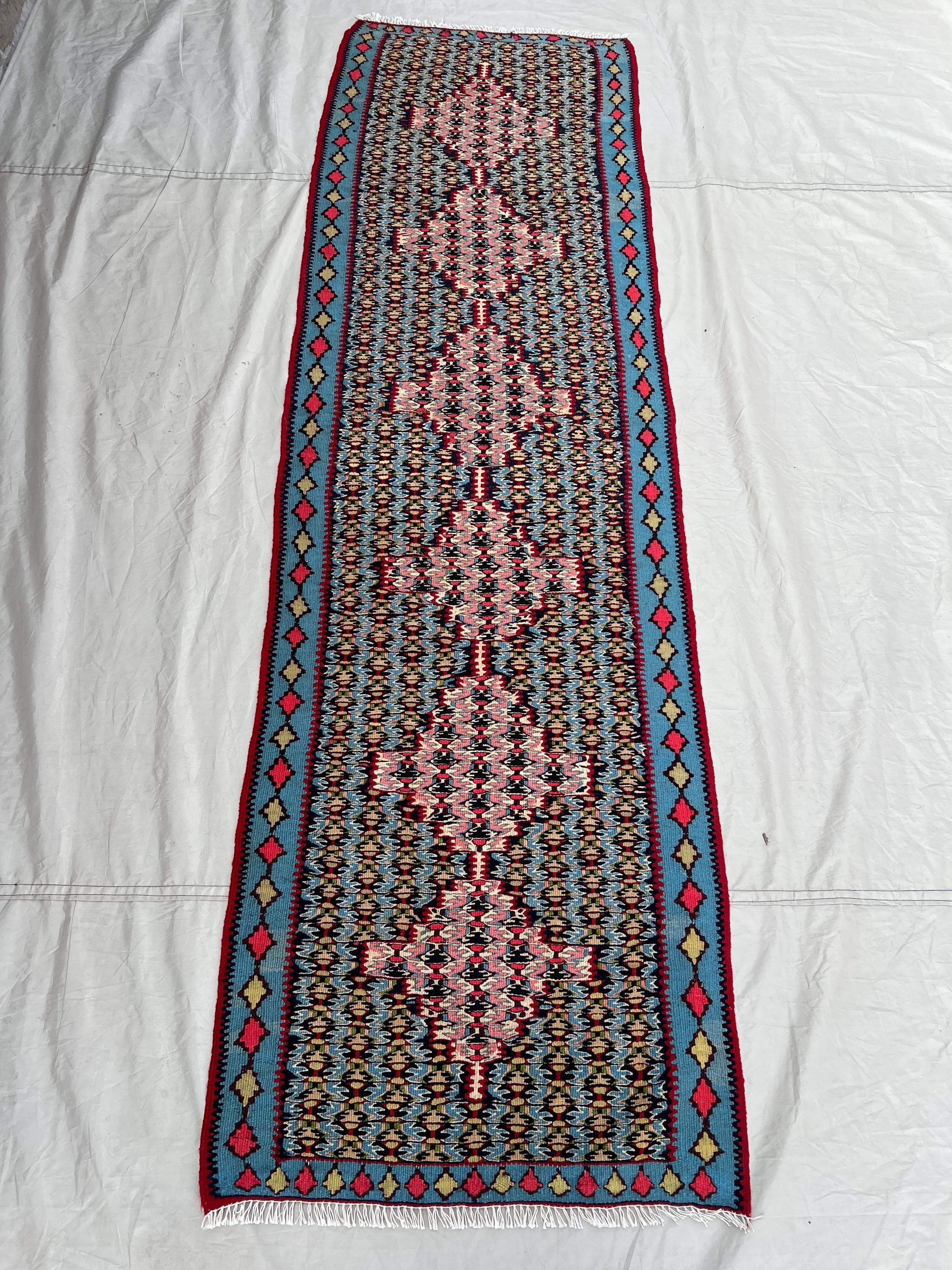 2'4x7'8 Ft Vintage Afghan Senneh Kilim Runner Flatweave | Navy Sky Blue Pink Medallion Chain | Handwoven Wool