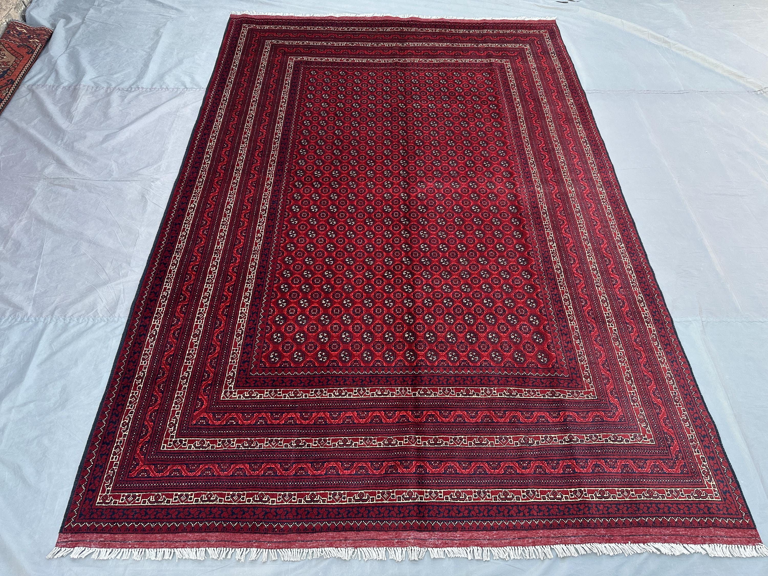 7x10 Vintage Turkmen Bukhara Rug, Hand Knotted Wool Tribal Rug, Khoja Roshnai Geometric Carpet, Living Room Ru