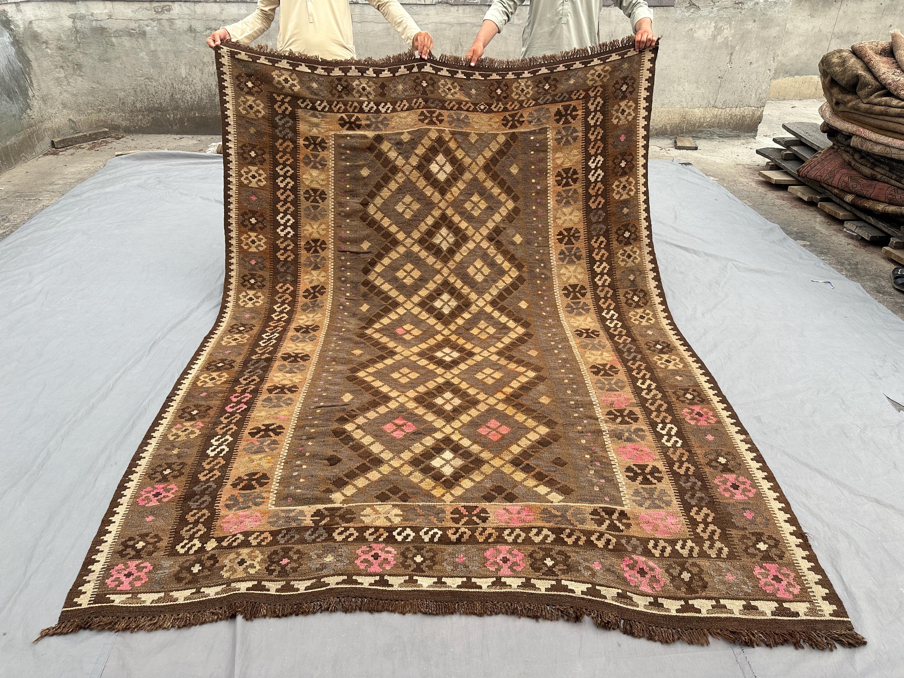 6'6 x 9'3 ft Antique Afghan Kilim Rug, Handwoven Flatweave, Faded Terracotta, Brown, Beige, Pink Accents, Vint