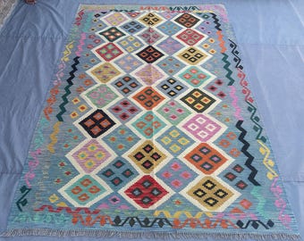 200x250 afghanischer Kelim Teppich | Handgewebter Wolle Flachgewebe Teppich | Buntes Tribal Geometrisches Design | Vintage türkischen Stil Boho Teppich Dekor