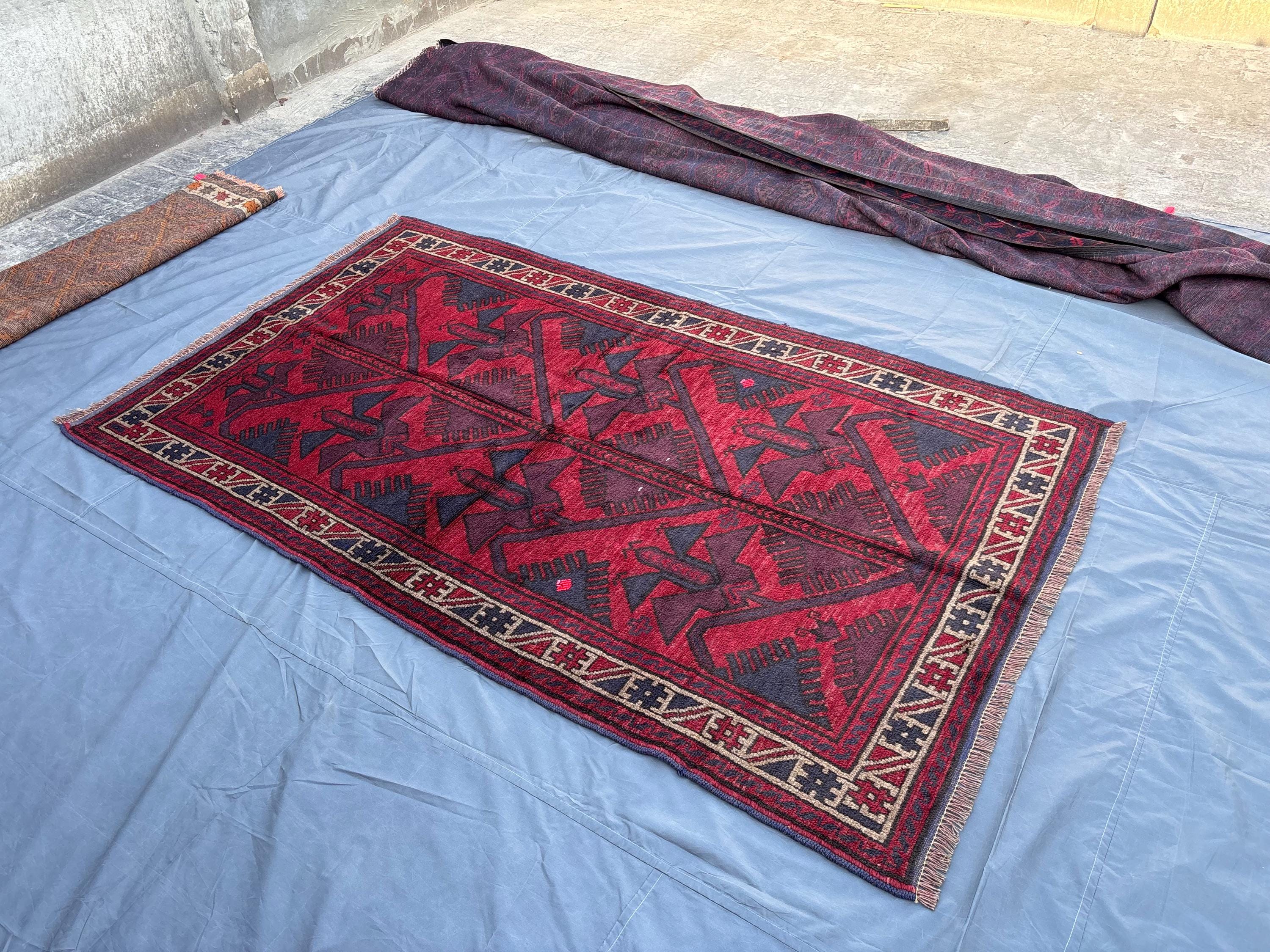 4.9x7.11 ft Vintage Afghan Hand-Knotted Baluchi Rug, Tribal Wool Carpet, Red Blue Geometric War Design Unique 