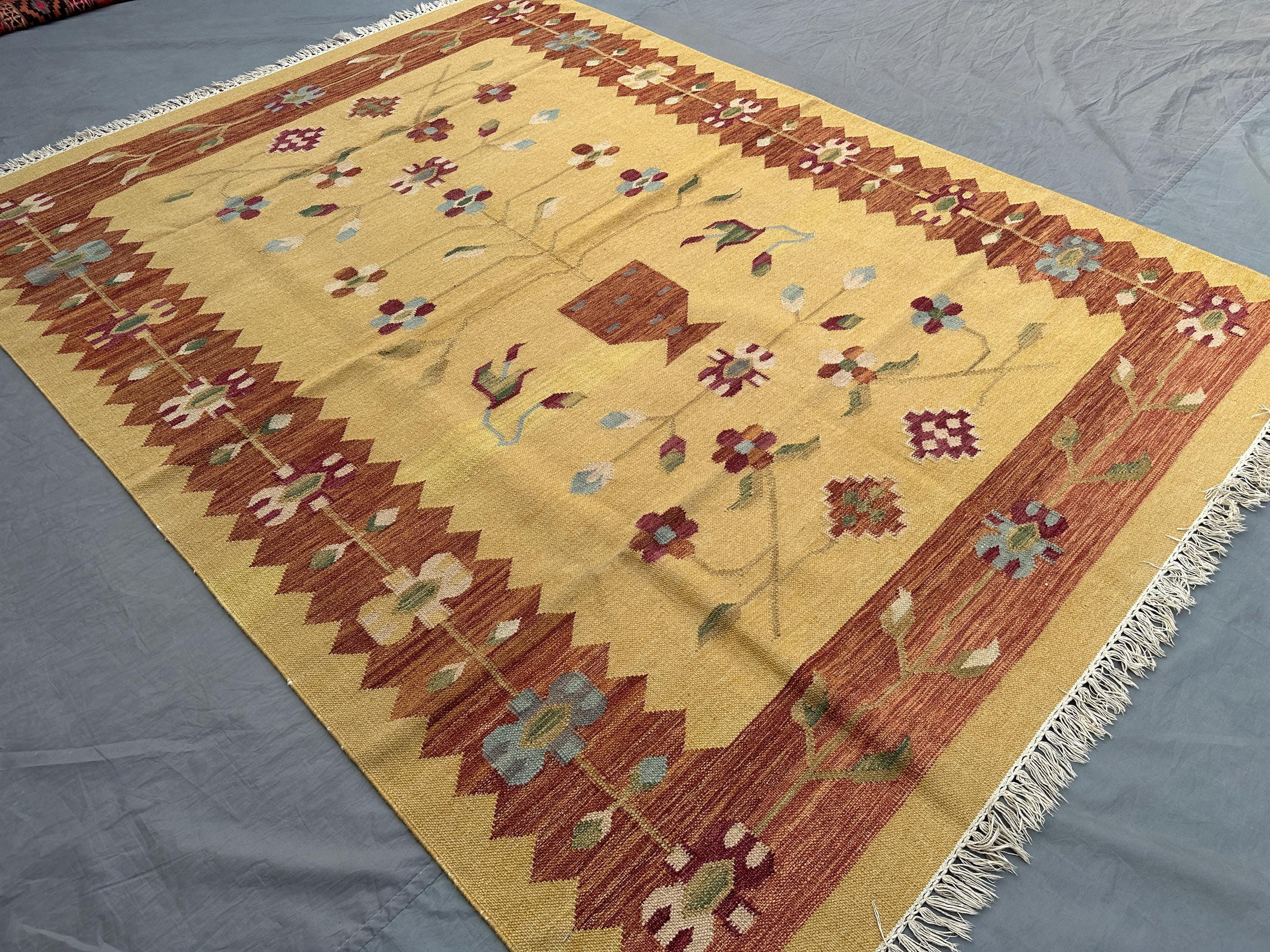 5'8x7'7 ft Vintage Afghan Kilim Rug | Handmade Flat Weave Wool Carpet Floral Pot Design Tribal Boho Area Rug Yellow Home Decor | Bedroom Rug