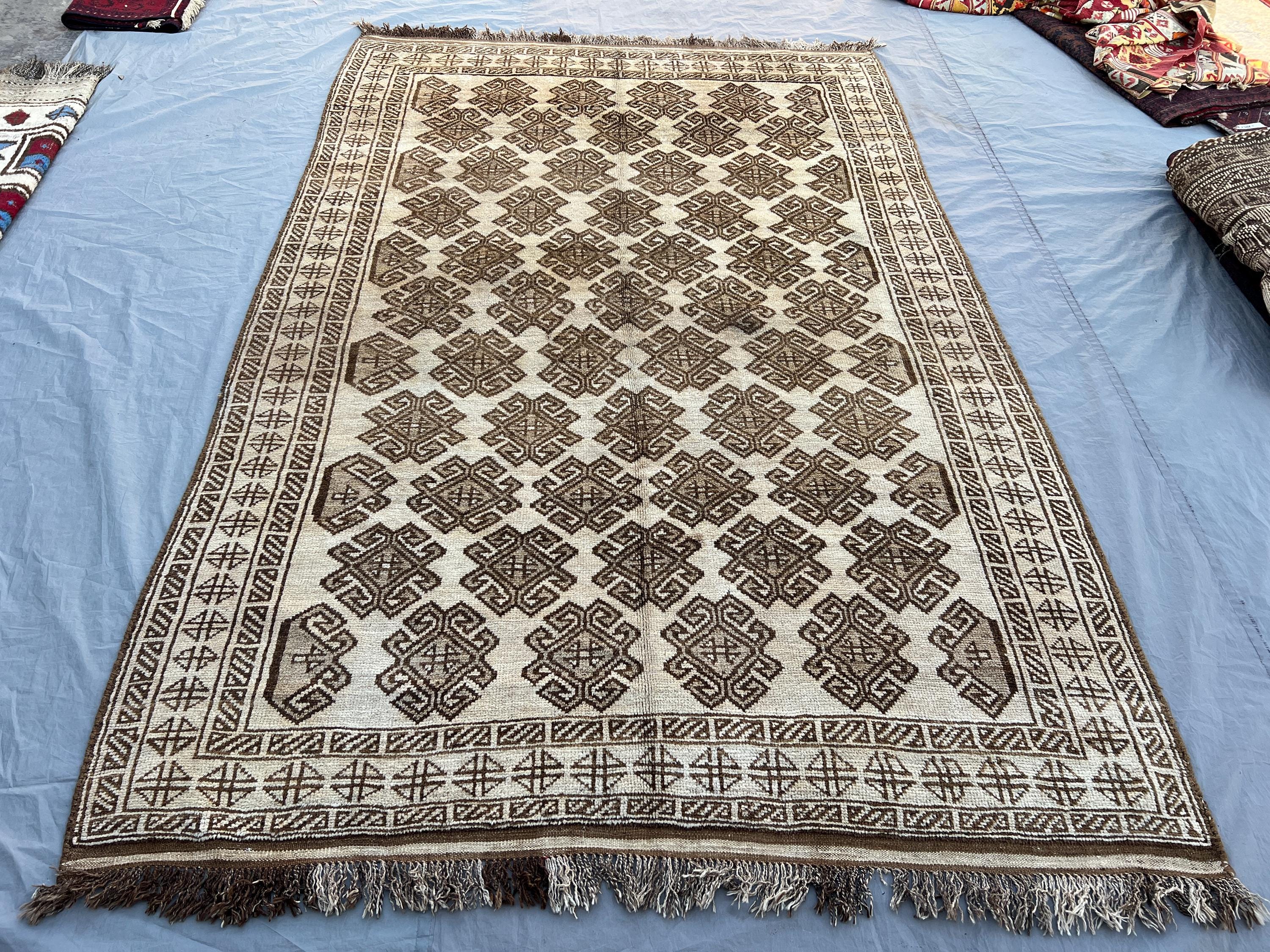 5'10x9'2 ft Vintage Afghan Hand-Knotted Kilim – Geometric Brown and Ivory Design, Handmade, Boho Home Decor, Cozy Living Room or Bedroom