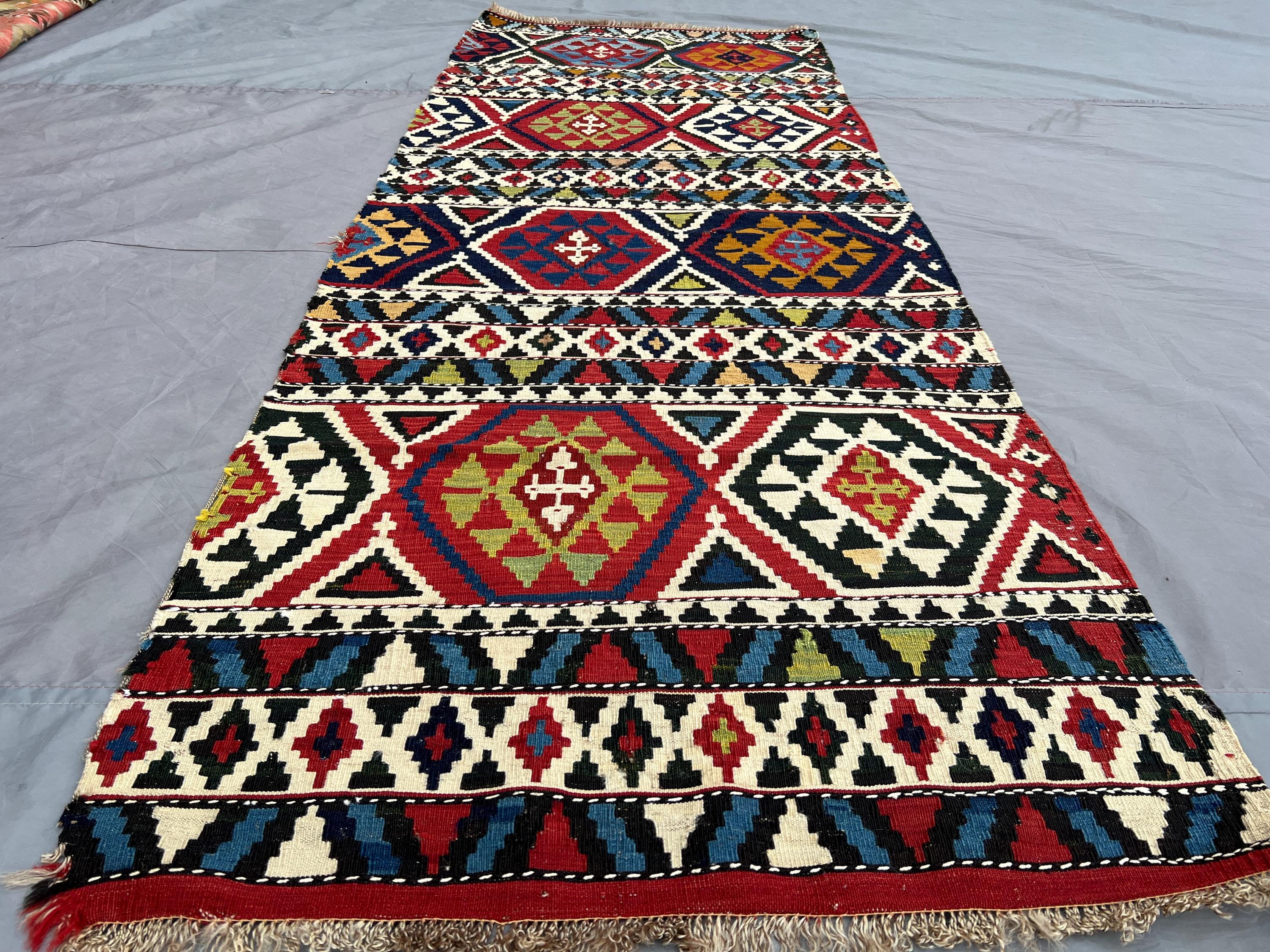 3x7 Antique Turkish Anatolian Kilim Runner | Fragment Flatweave Runner | Handwoven Tribal Wool Rug, Geometric Boho Ethnic Decor, Hallway Rug