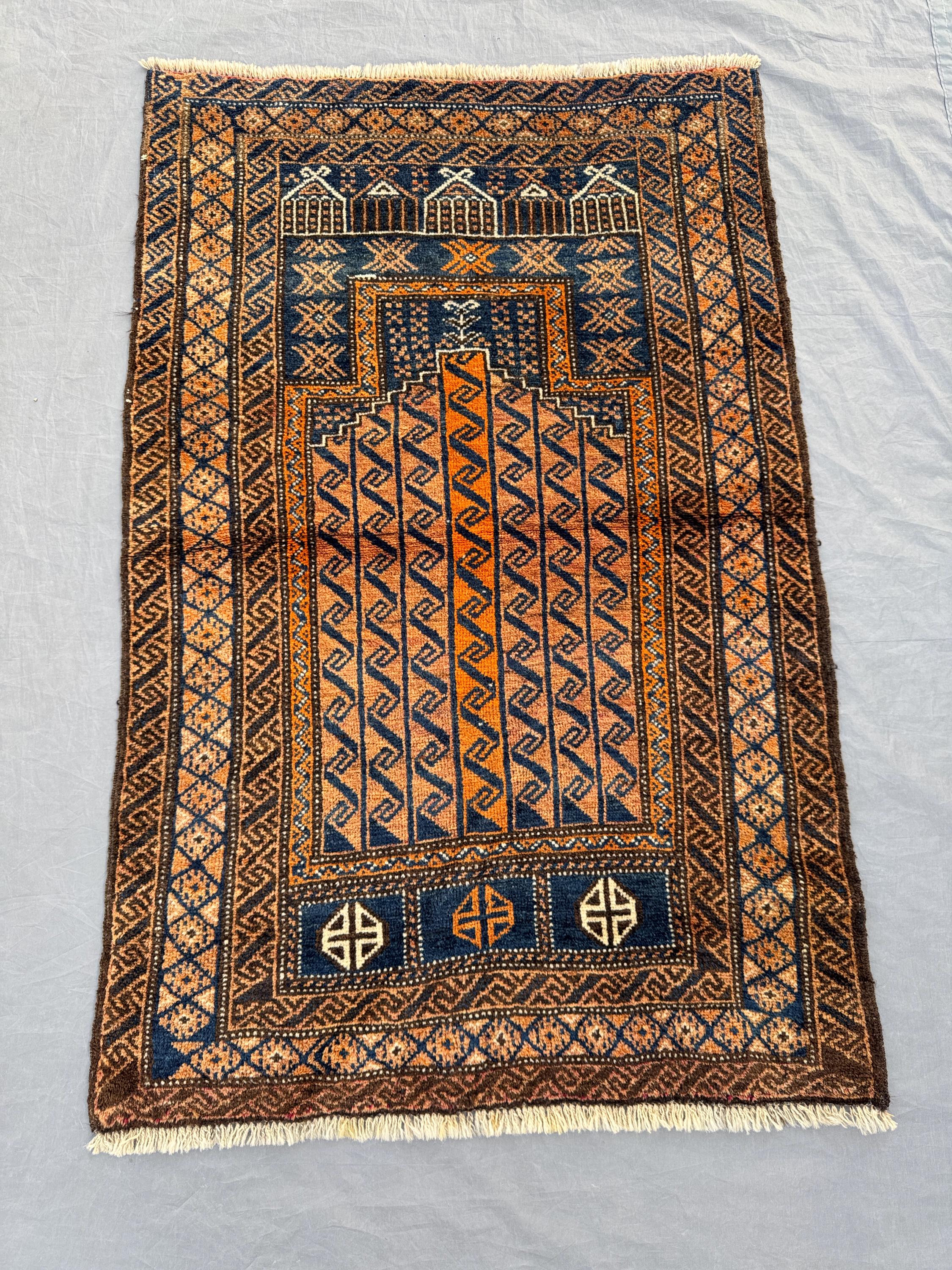 Afghan Hand-Knotted Vintage Soft Pile Rug Balochi Design 3 x 4 ft One-of-a-Kind Luxury Home Boho Decor