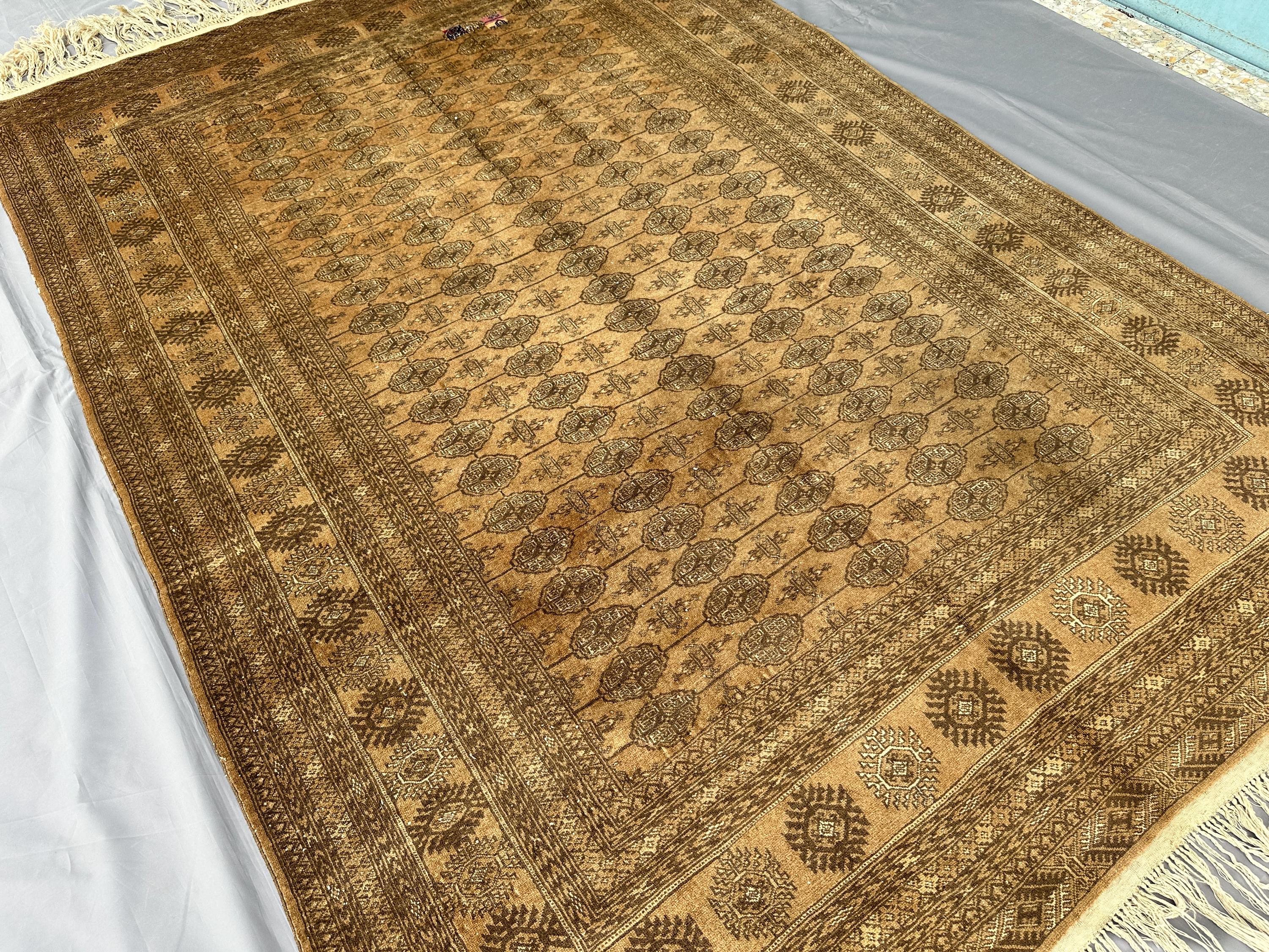Afghan Bukhara Rug 9x6, Antique Hand-Knotted Wool Carpet, Tan Tribal Turkmen Design, Vintage Living Room Rug,