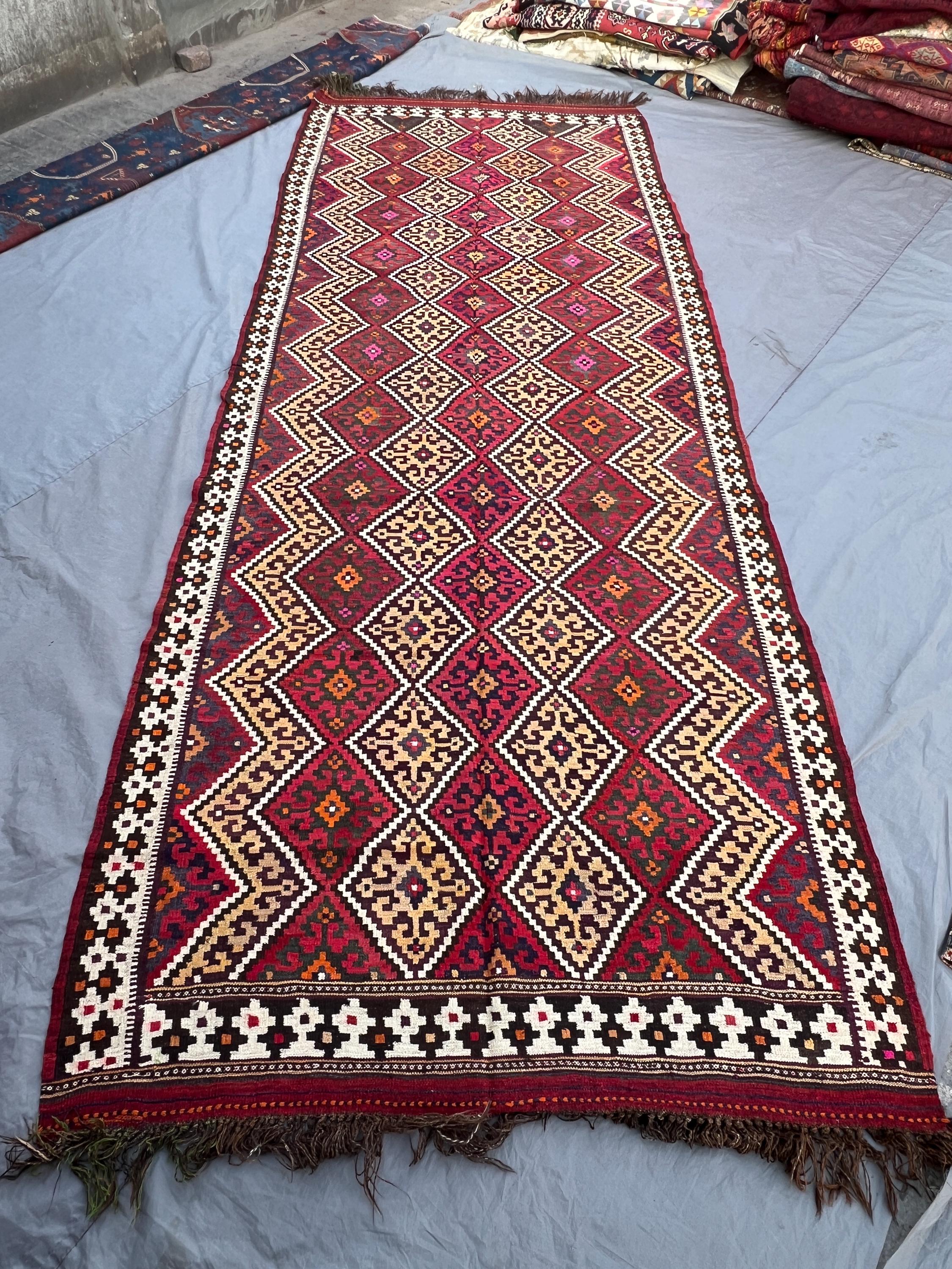 Red 5'4 x 13'8 ft Vintage Afghan Kilim Flatweave Runner, Geometric Diamond & Tribal Design, Hallway, Runway Lo