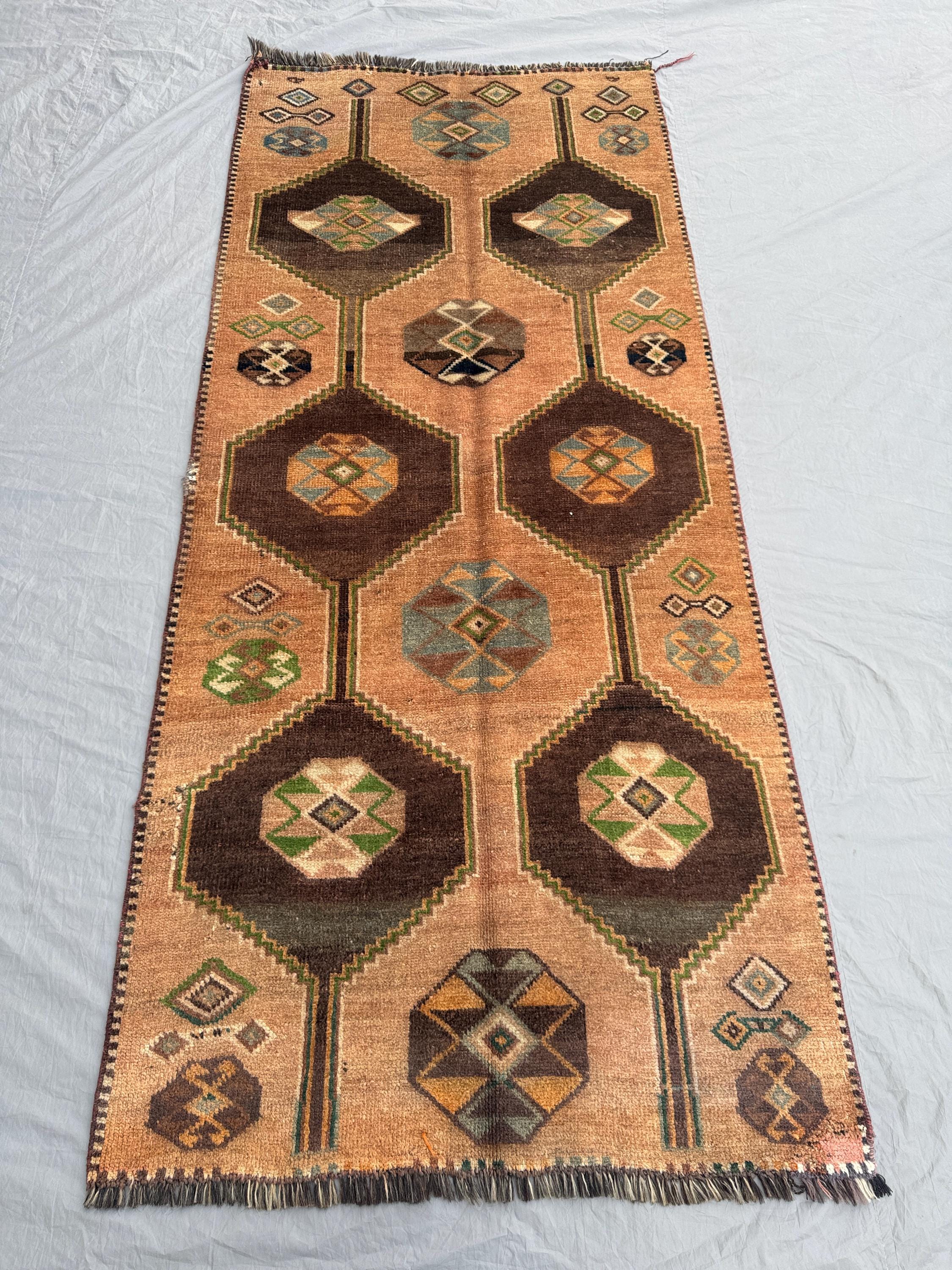 3.6 x 8 ft Turkish Hand Knotted Rug, Vintage Soft Pile with Medallion Design, Terracotta Color, One of a Kind, Luxury Room Decor