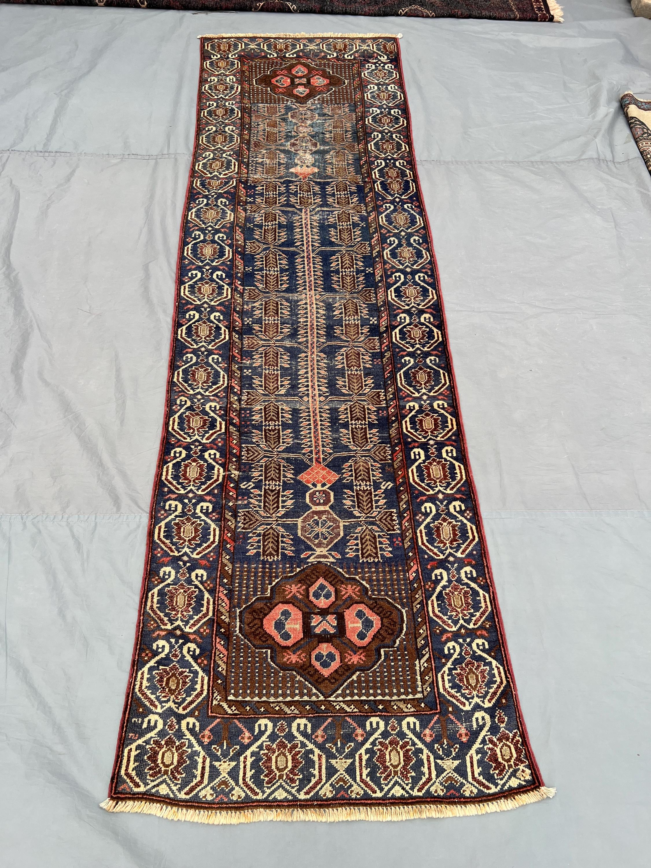 3x10 Antique afghan baluchi runner rug | handmade tribal wool hallway carpet | blue red brown rare one of a kind oriental decor entryway rug